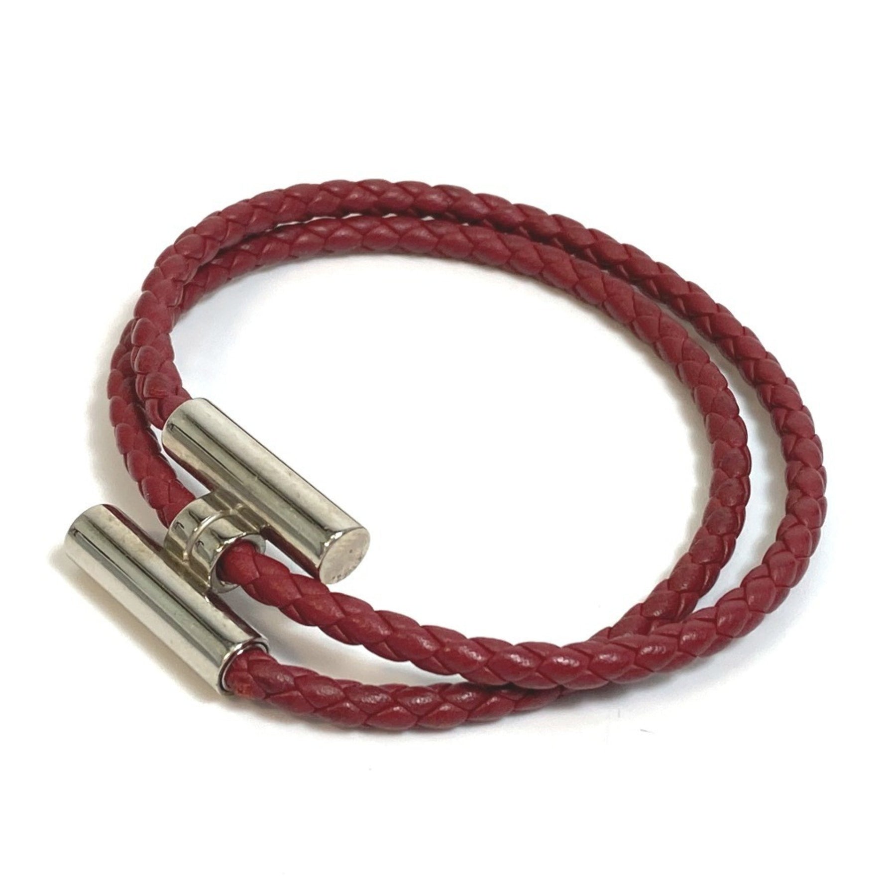 HERMES Tourni Tresse Braided Leather Bracelet with Clasp, Unisex, Red-Brown