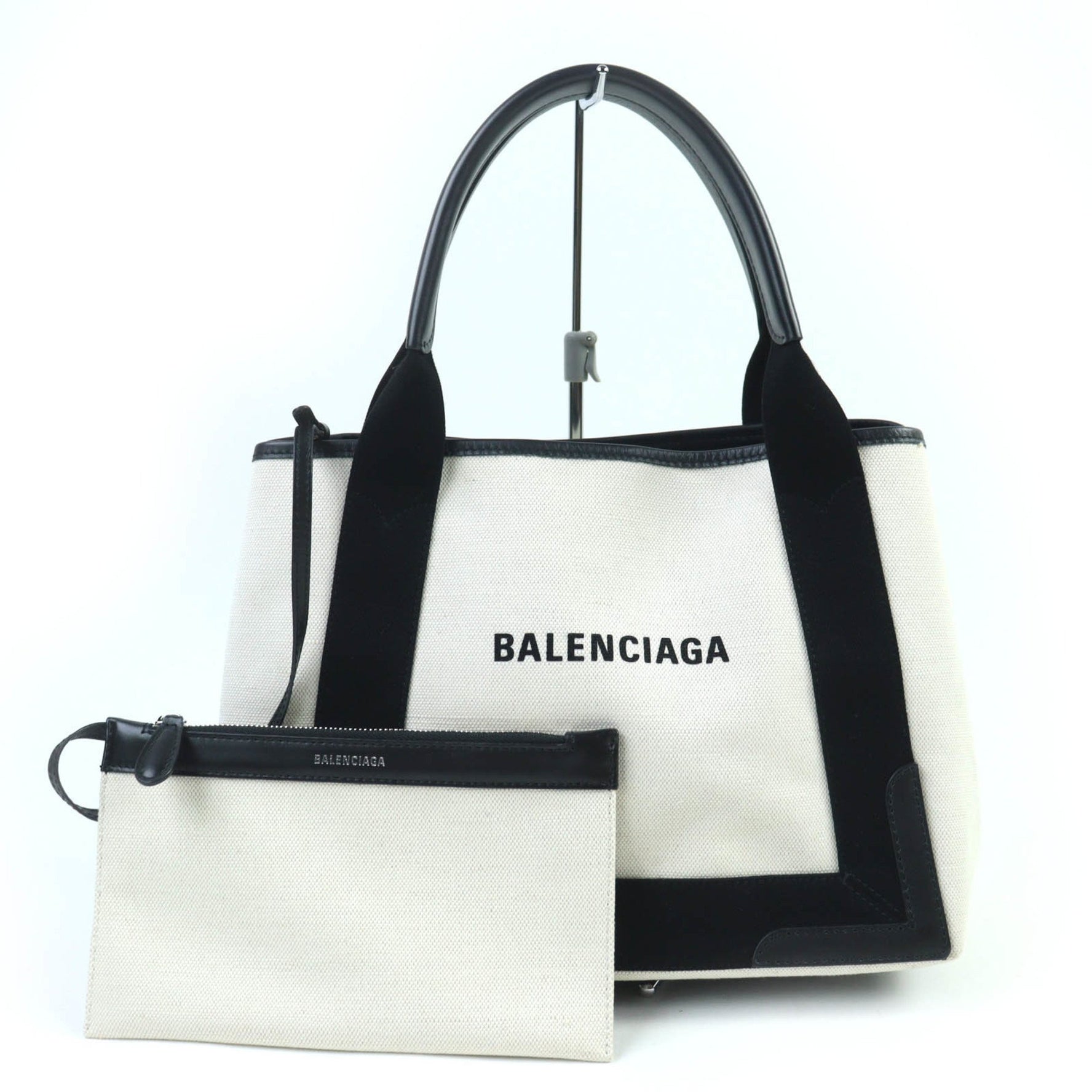 BALENCIAGA Small Cabas Handbag in Cotton Canvas and Black Calfskin with Mini Pouch, Dust Bag Included, Made Italy