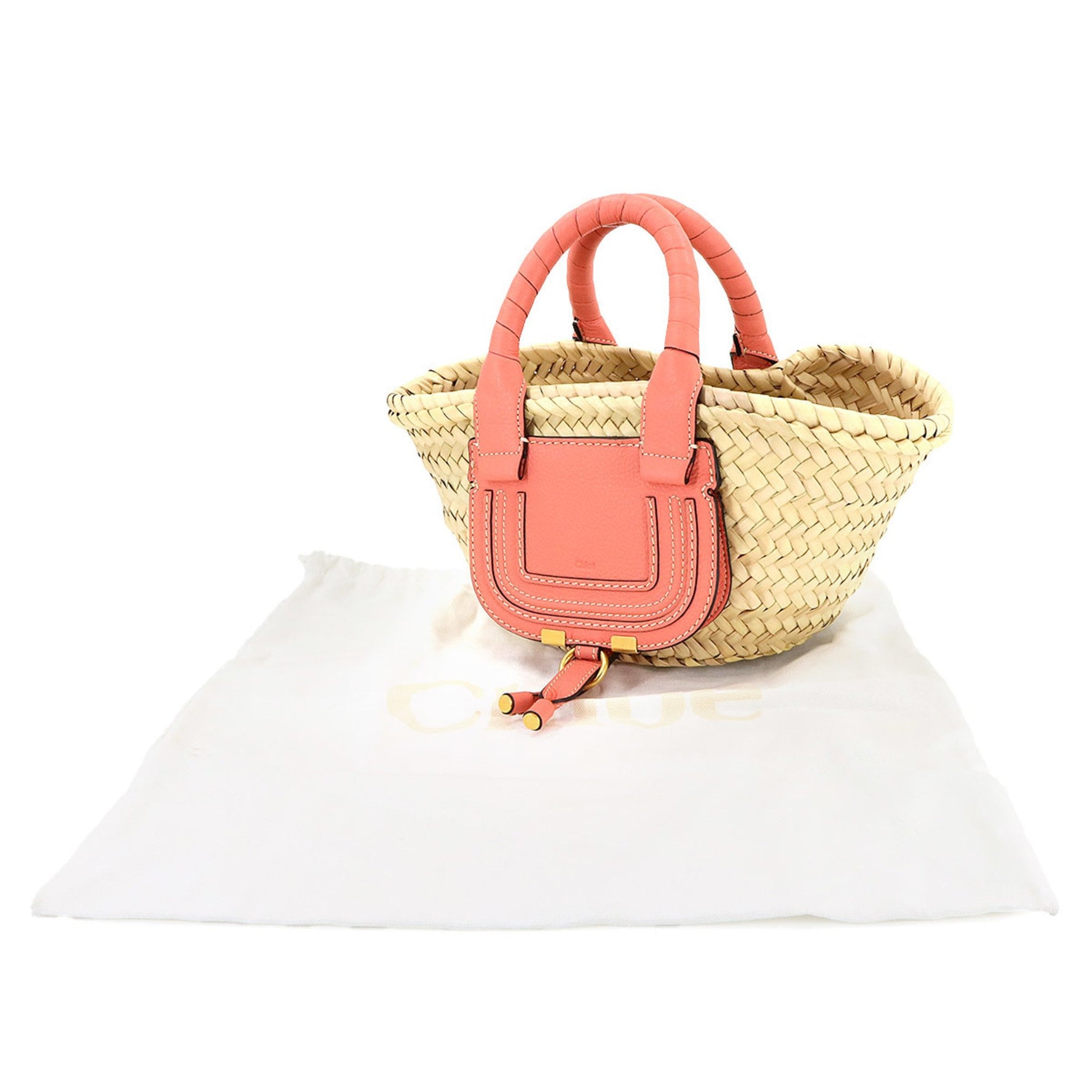 Chloé Chloe Marcie Mini Basket Handbag, Bag, Raffia Leather, Beige, Pink Gold Hardware, Bag