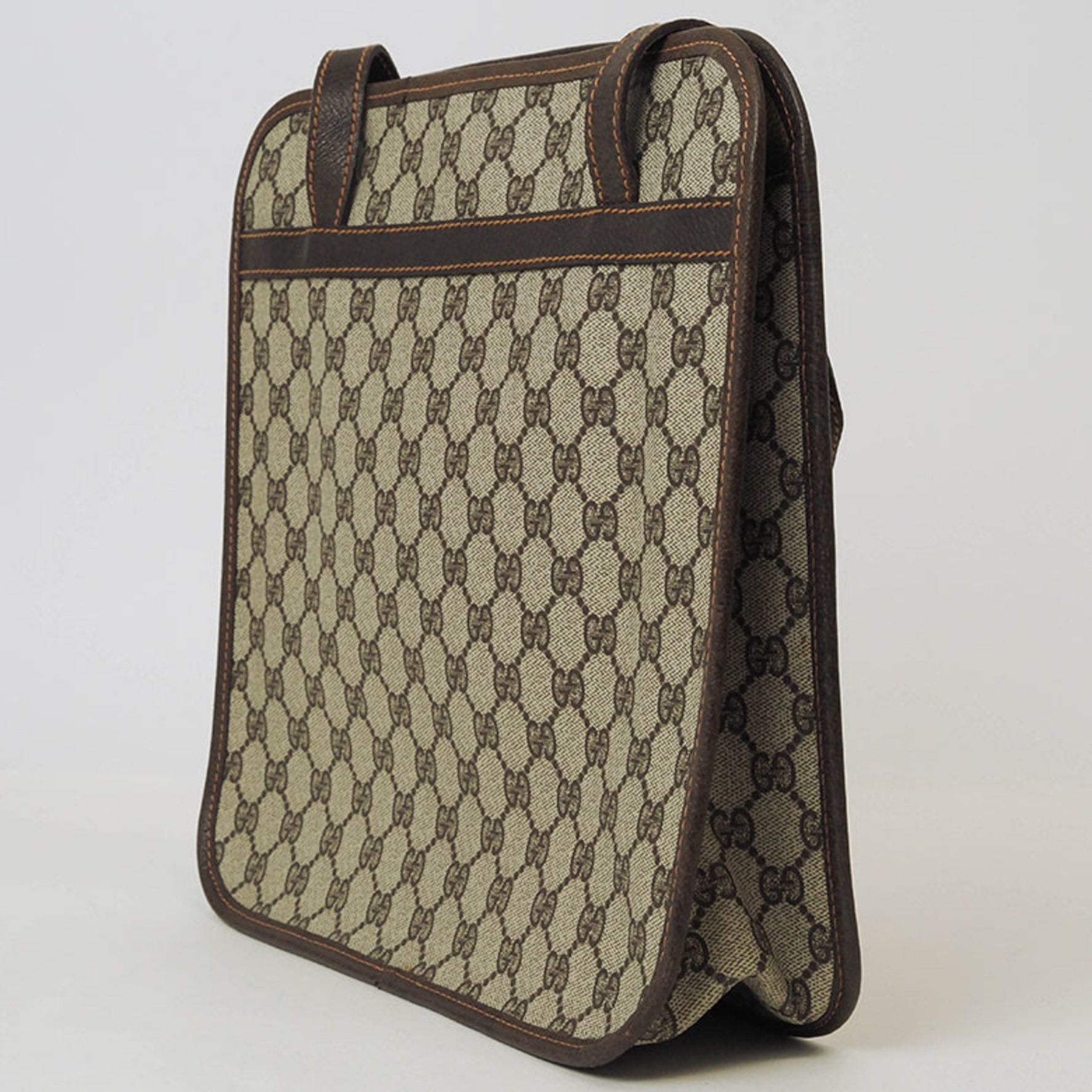 Gucci Old GG Plus Handbag Tote Bag Beige Brown Women's PVC Leather Crest Engraved GUCCI