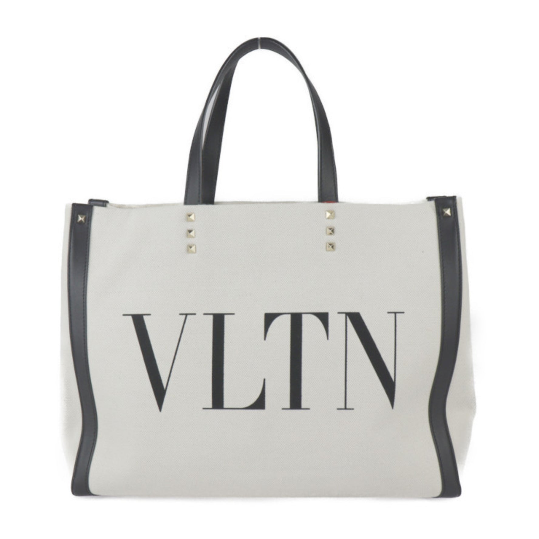 Valentino Garavani VLTN Rockstud Tote Bag Canvas Leather Natural