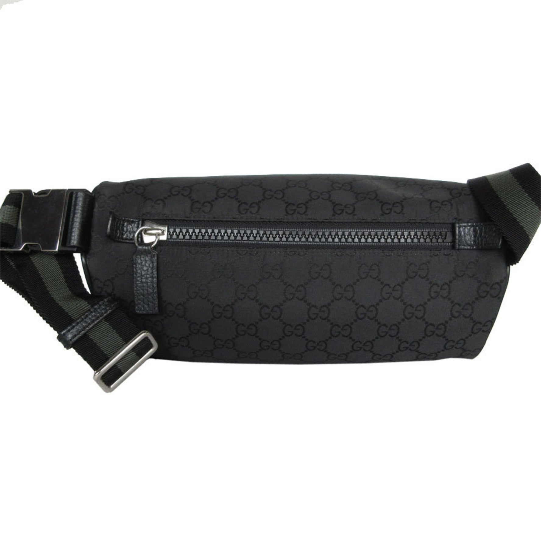 GUCCI Body Bag Nylon Canvas Black Khaki Silver