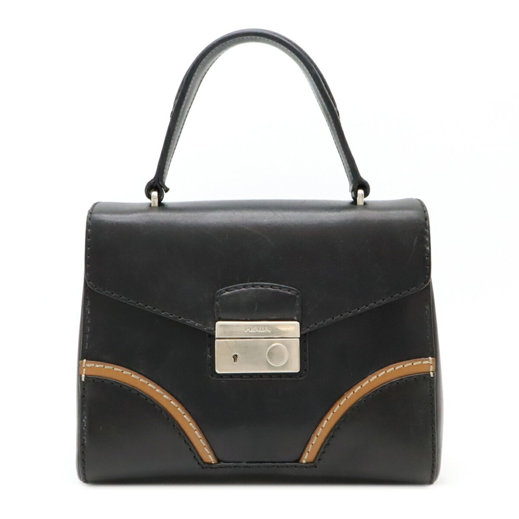 PRADA Prada Stitched Rim Handbag Flap Bag Leather NERO Black Camel Key Missing BR5138