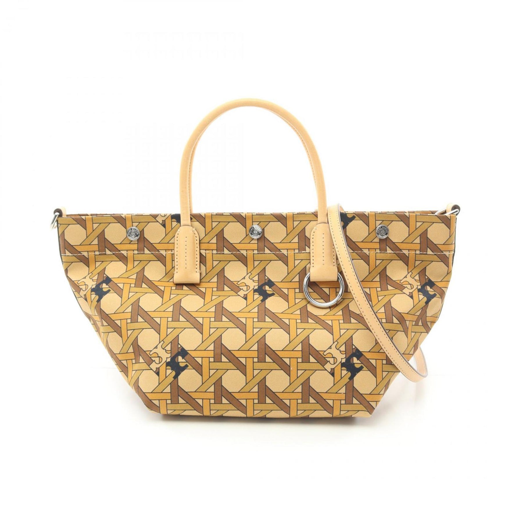 Tory Burch BASKET WEAVE Tote Bag Canvas Leather Women's Beige Multicolor