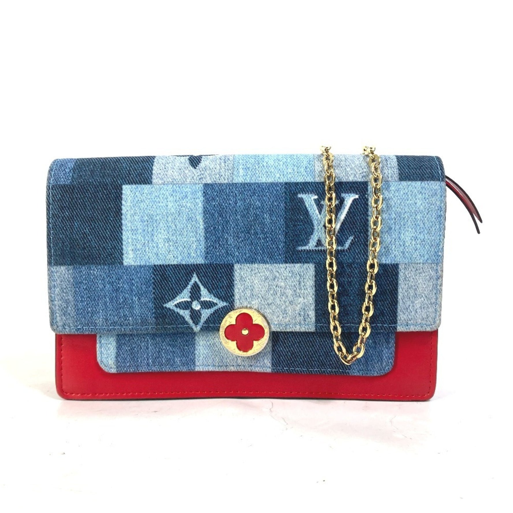 LOUIS VUITTON M69036 Monogram Denim Portefeuille Flore Chain Wallet/Shoulder Bag, Denim, Women's, Blue