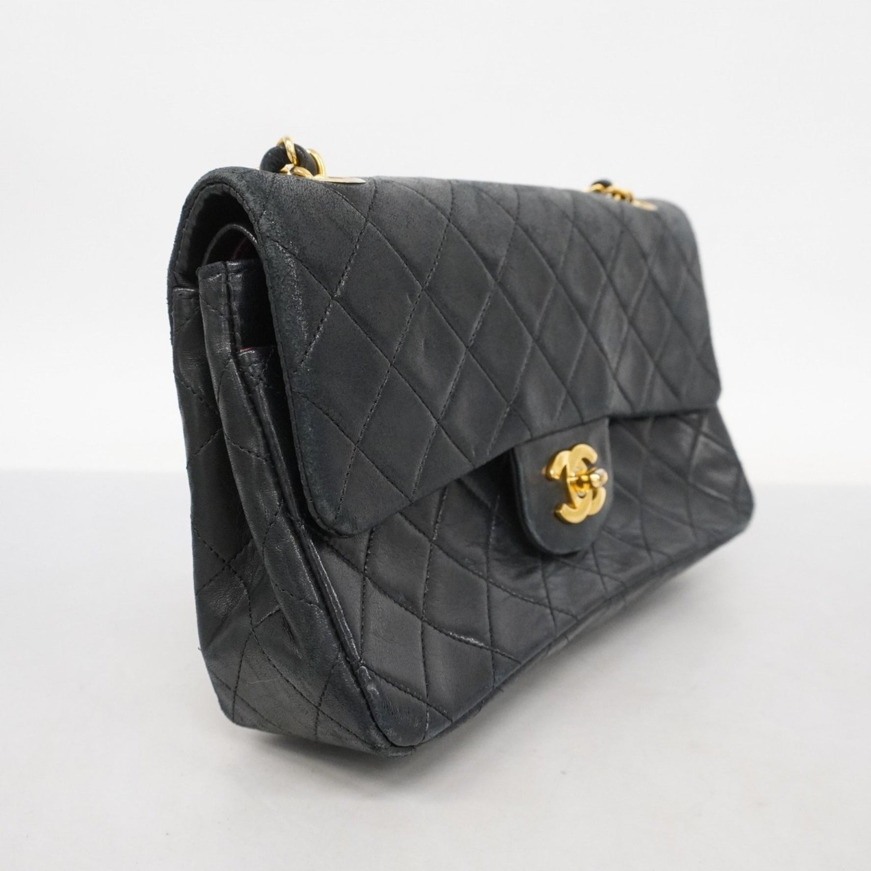 Chanel Matelasse Shoulder Bag with Double Flap and Chain, Lambskin, Black, Women's