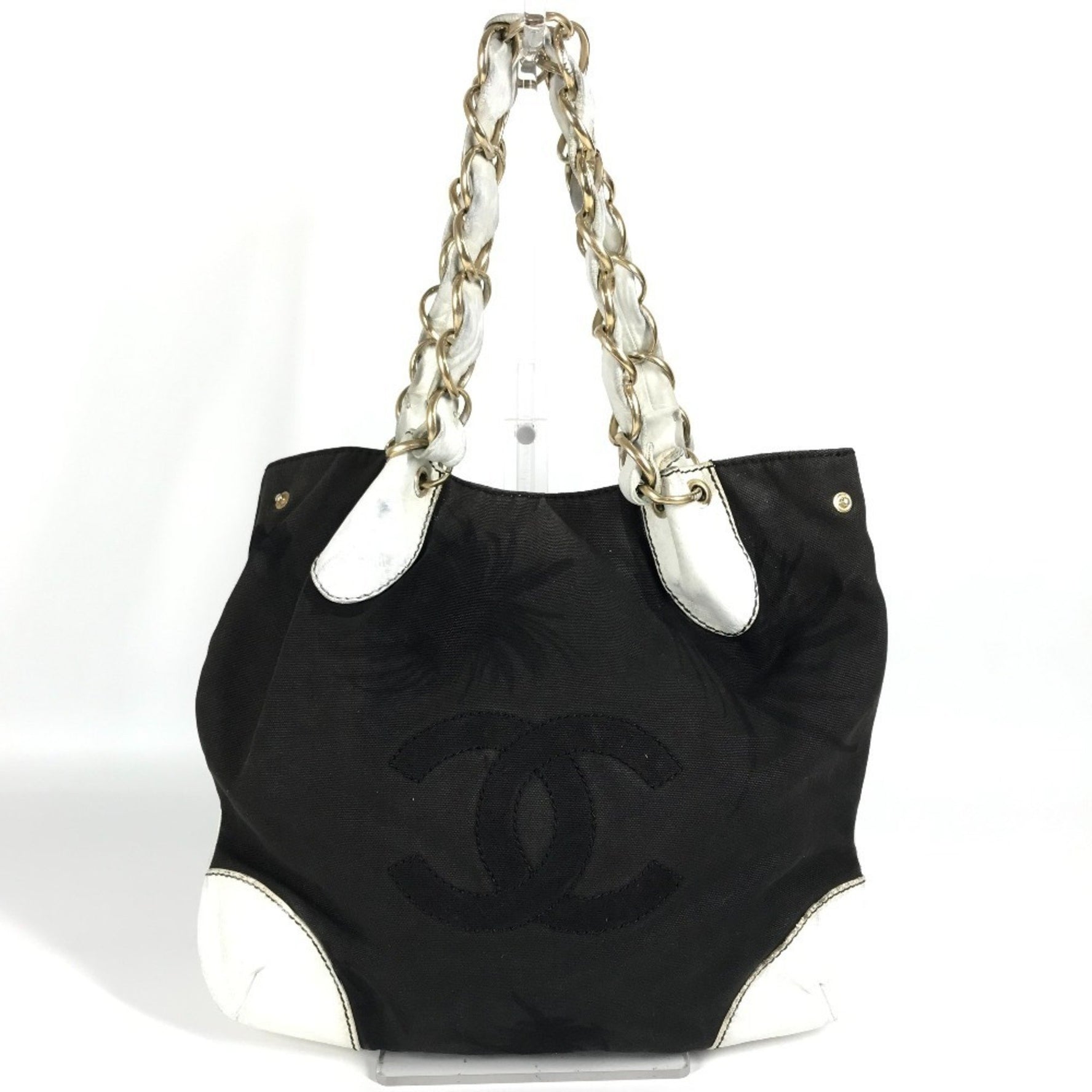 CHANEL CC Coco Mark Two-Tone Tote Bag with Double Chain, Shoulder Bag, Leather/Canvas, Black