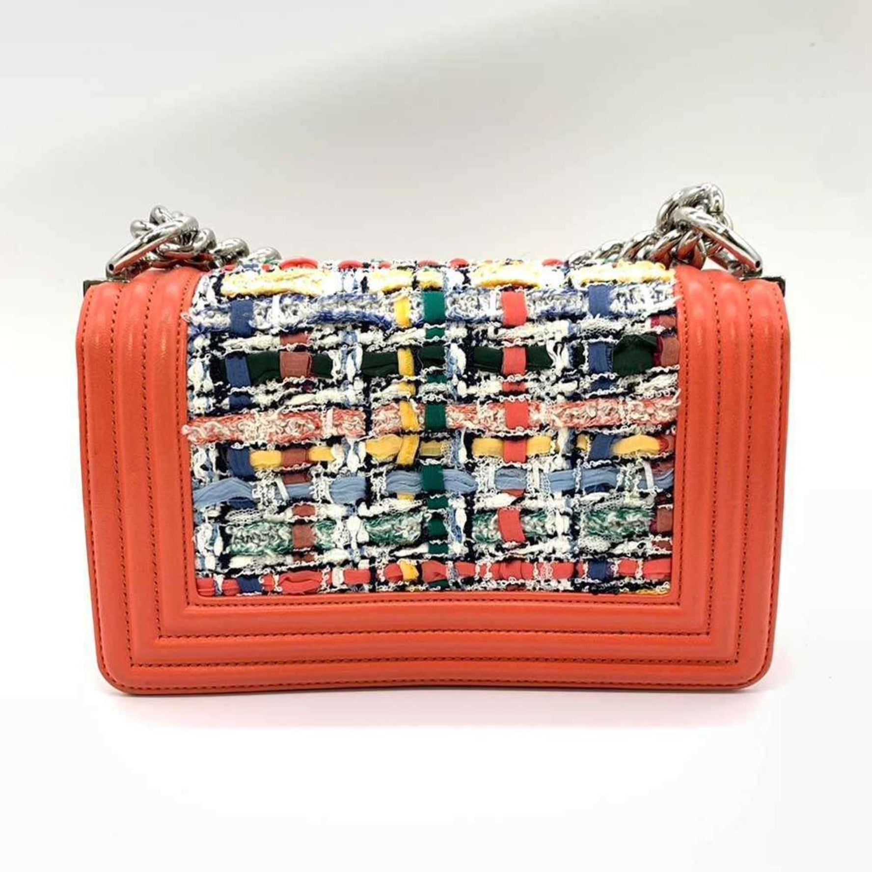 Chanel Bag Boy Chain Shoulder Coral Orange x Multicolor Horizontal Tweed Leather