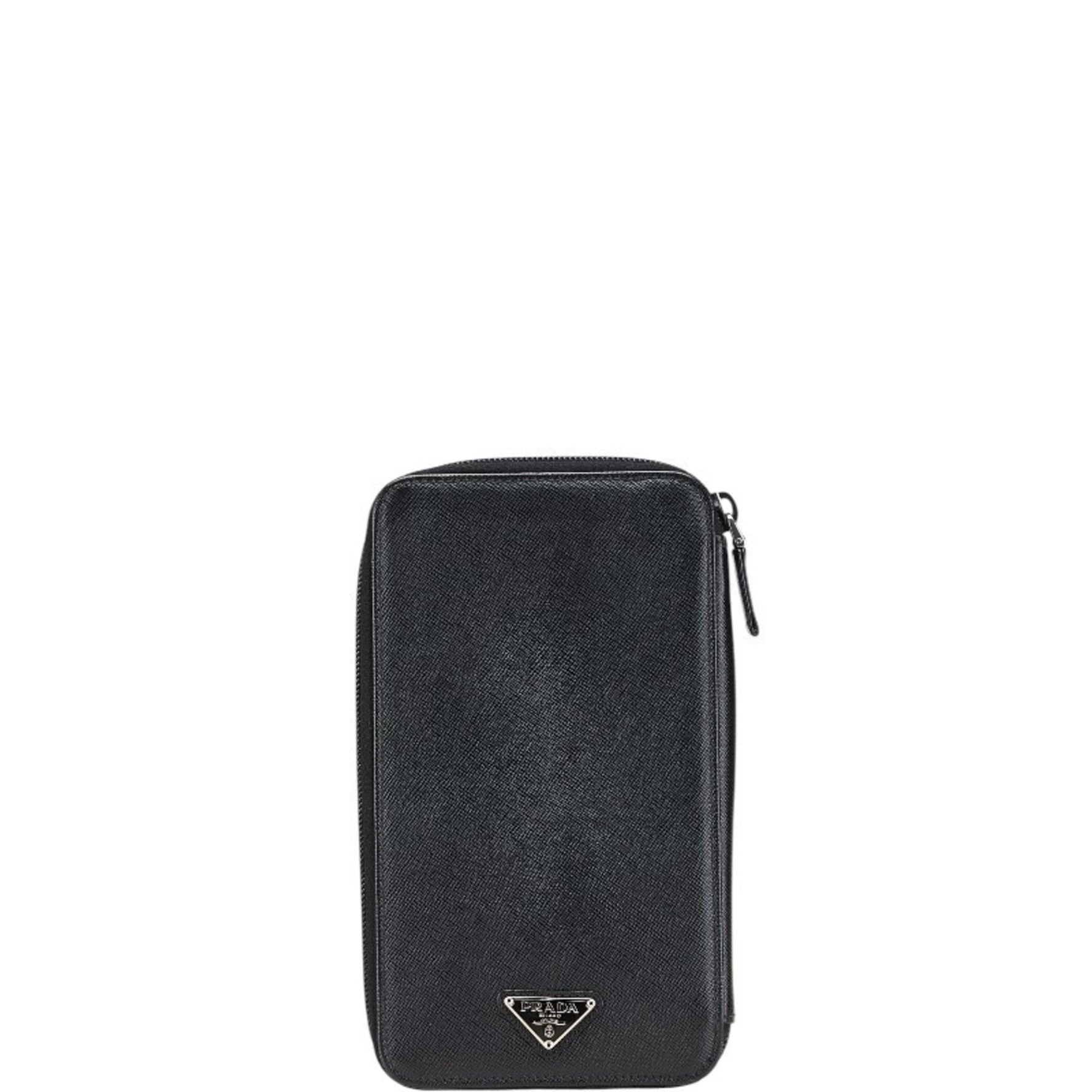 Prada Triangle Logo Plate Round Zipper Long Wallet Organizer Saffiano Leather