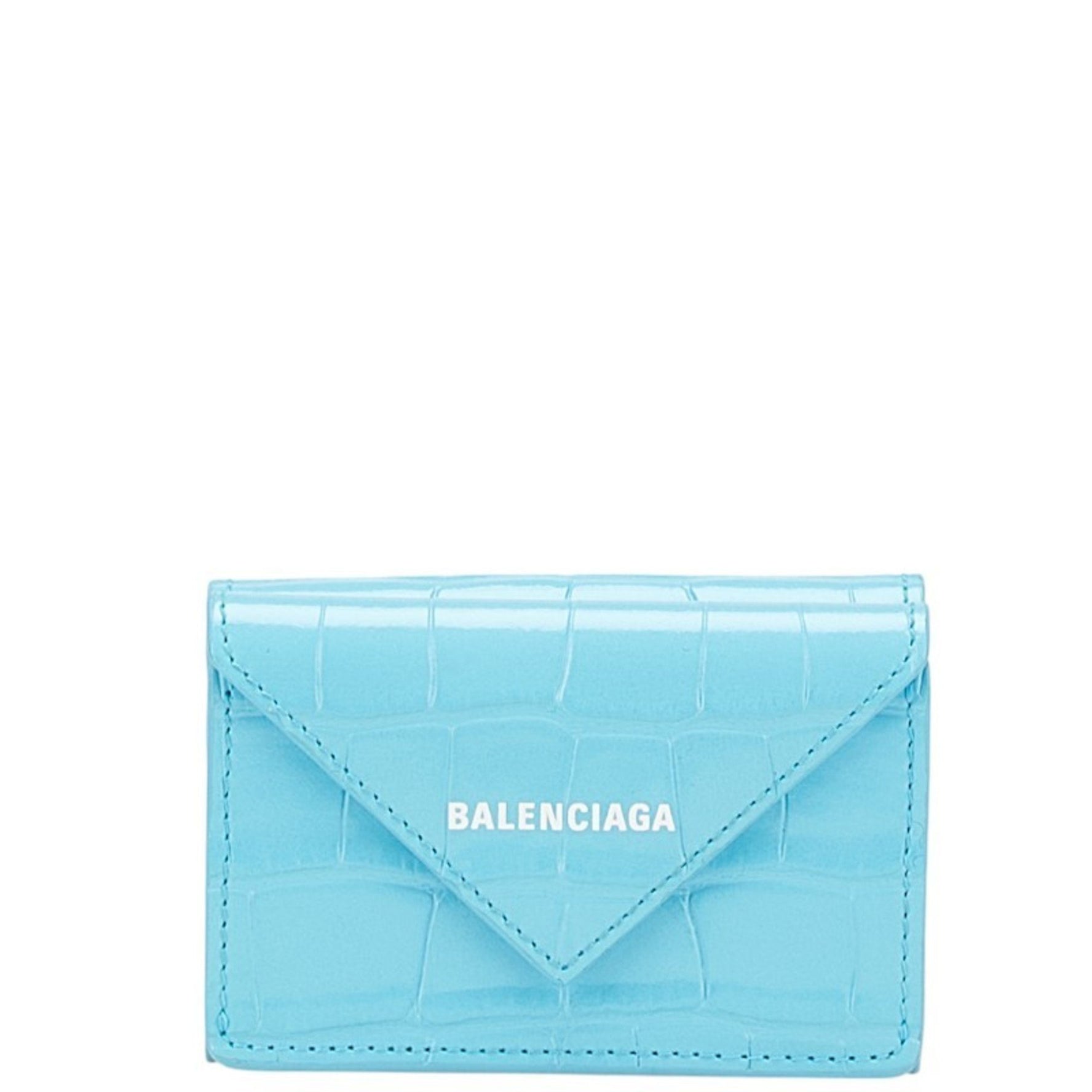 Balenciaga Paper Mini Wallet, Crocodile Embossed Tri-fold Compact Light Blue Leather
