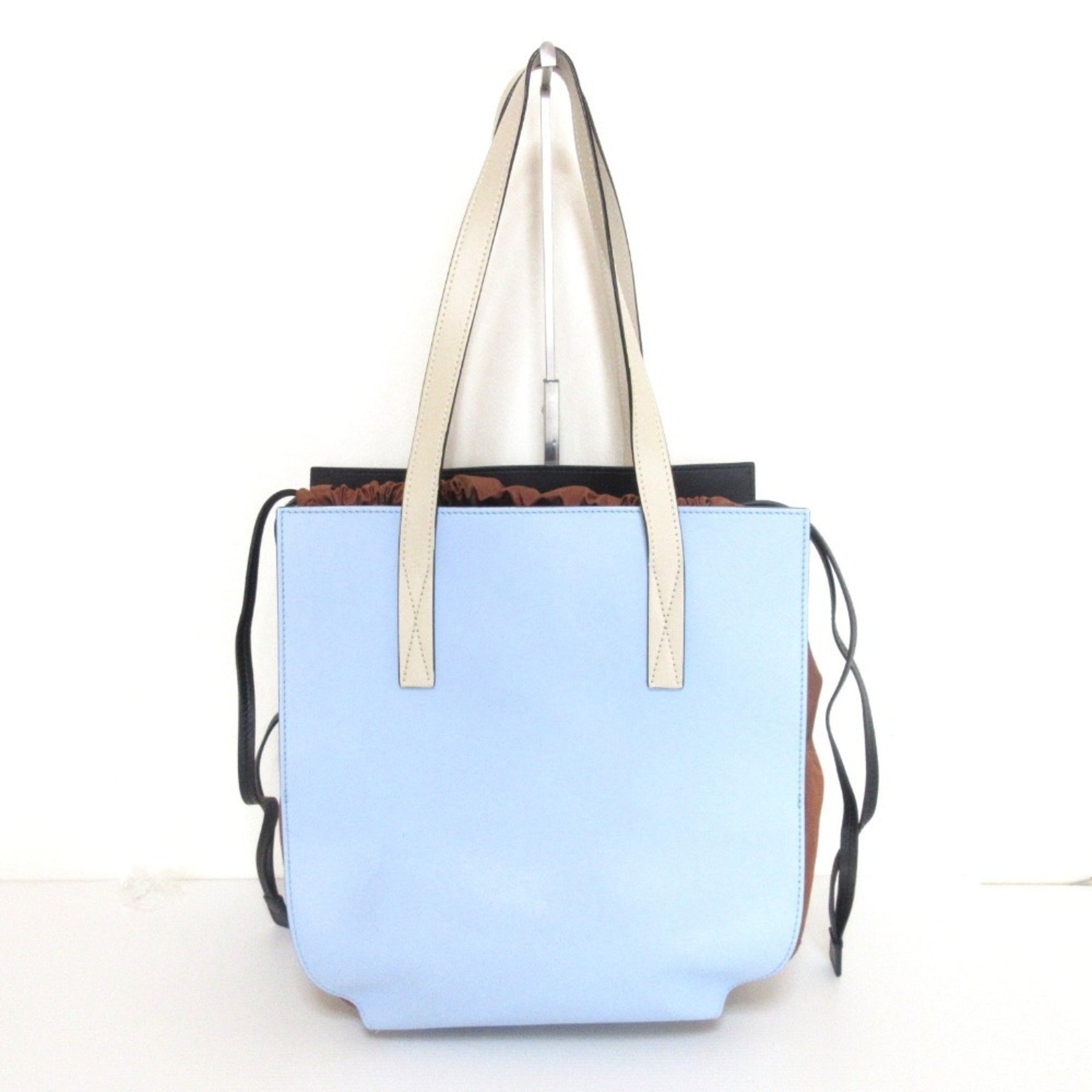 MARNI GUSSET Leather Drawstring Tote Bag One Shoulder Light Blue x Brown Women's