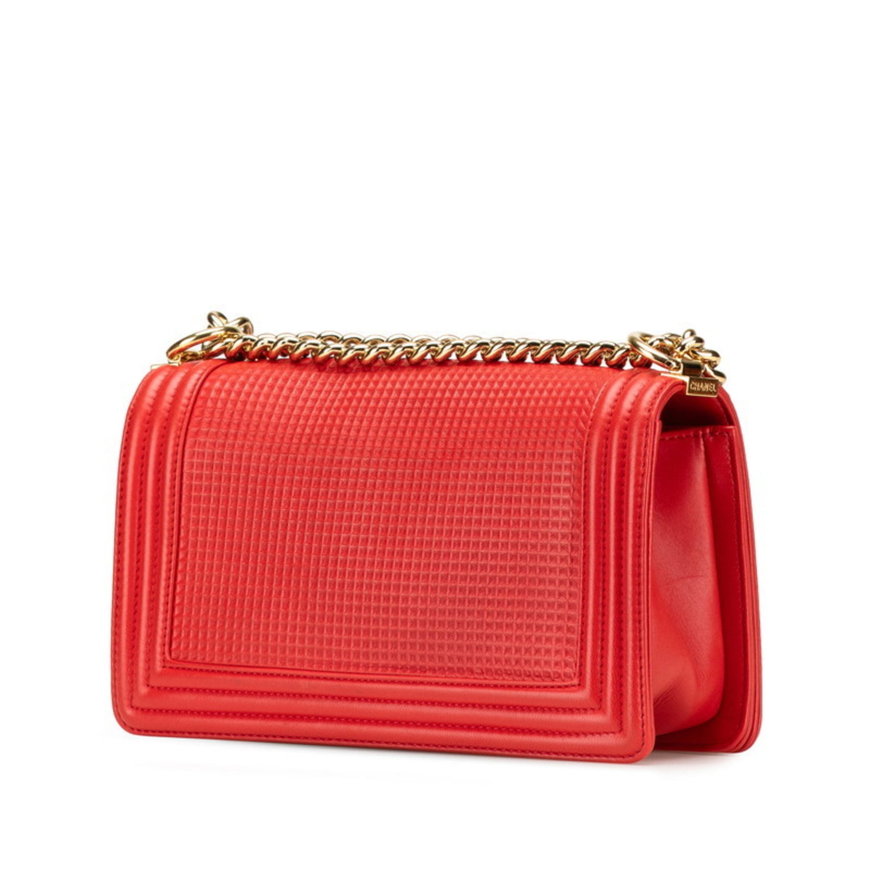 CHANEL Boy 25 Coco Mark Waffle Chain Shoulder Bag Red Lambskin
