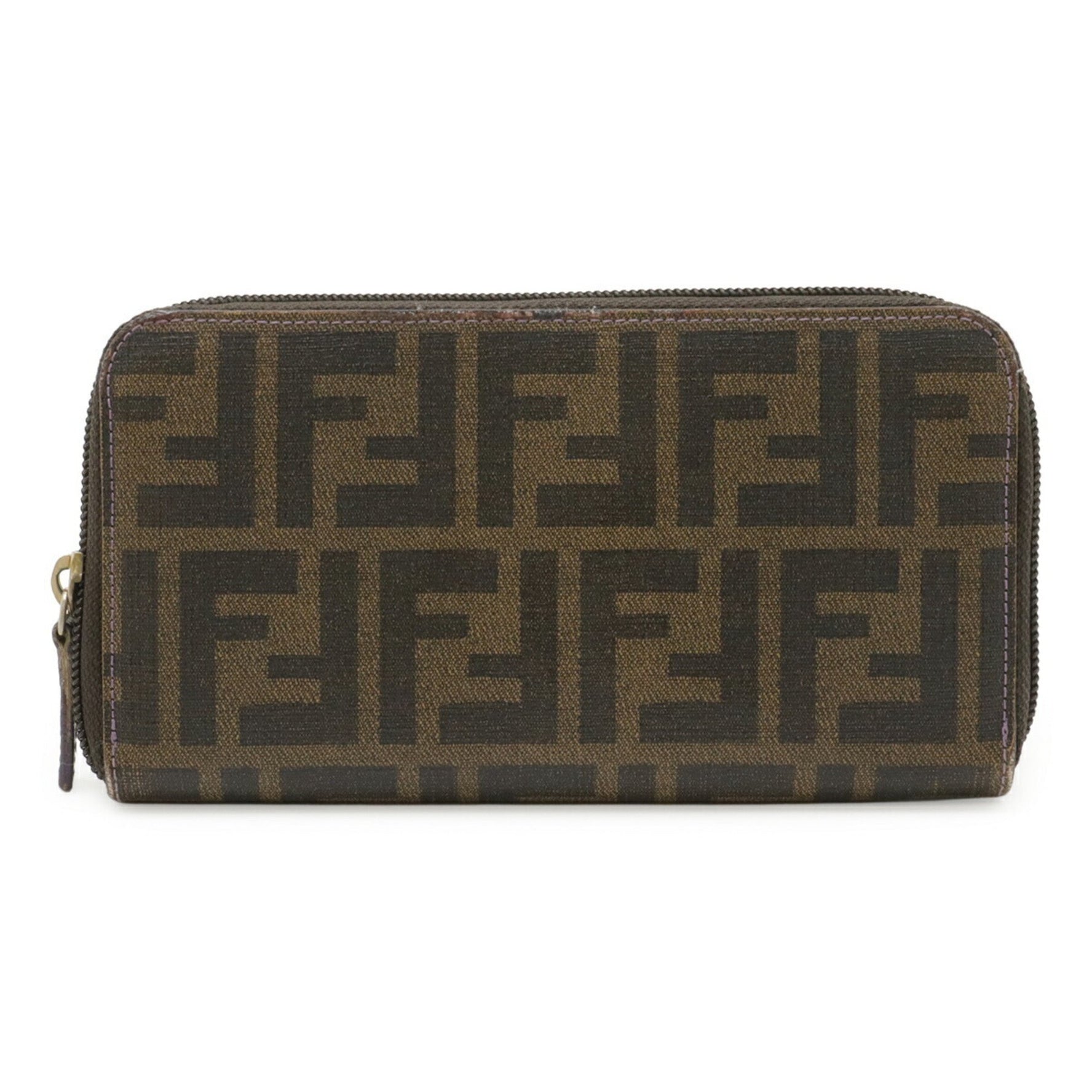 FENDI Zucca print round long wallet in fabric, PVC, and leather khaki brown, dark purple.