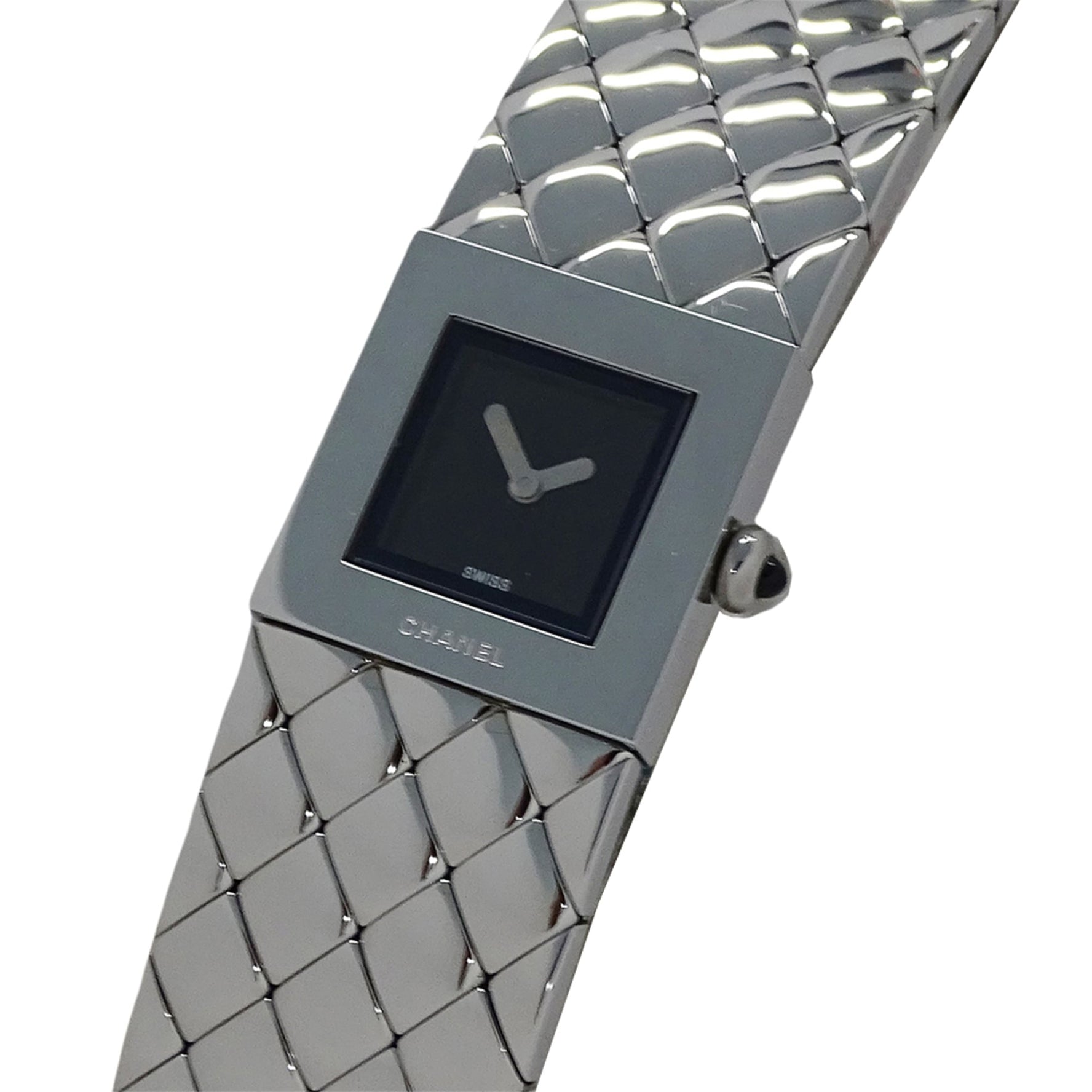 CHANEL Matelasse Quartz Watch, QZ Stainless Steel, Silver/Black Square, Polished