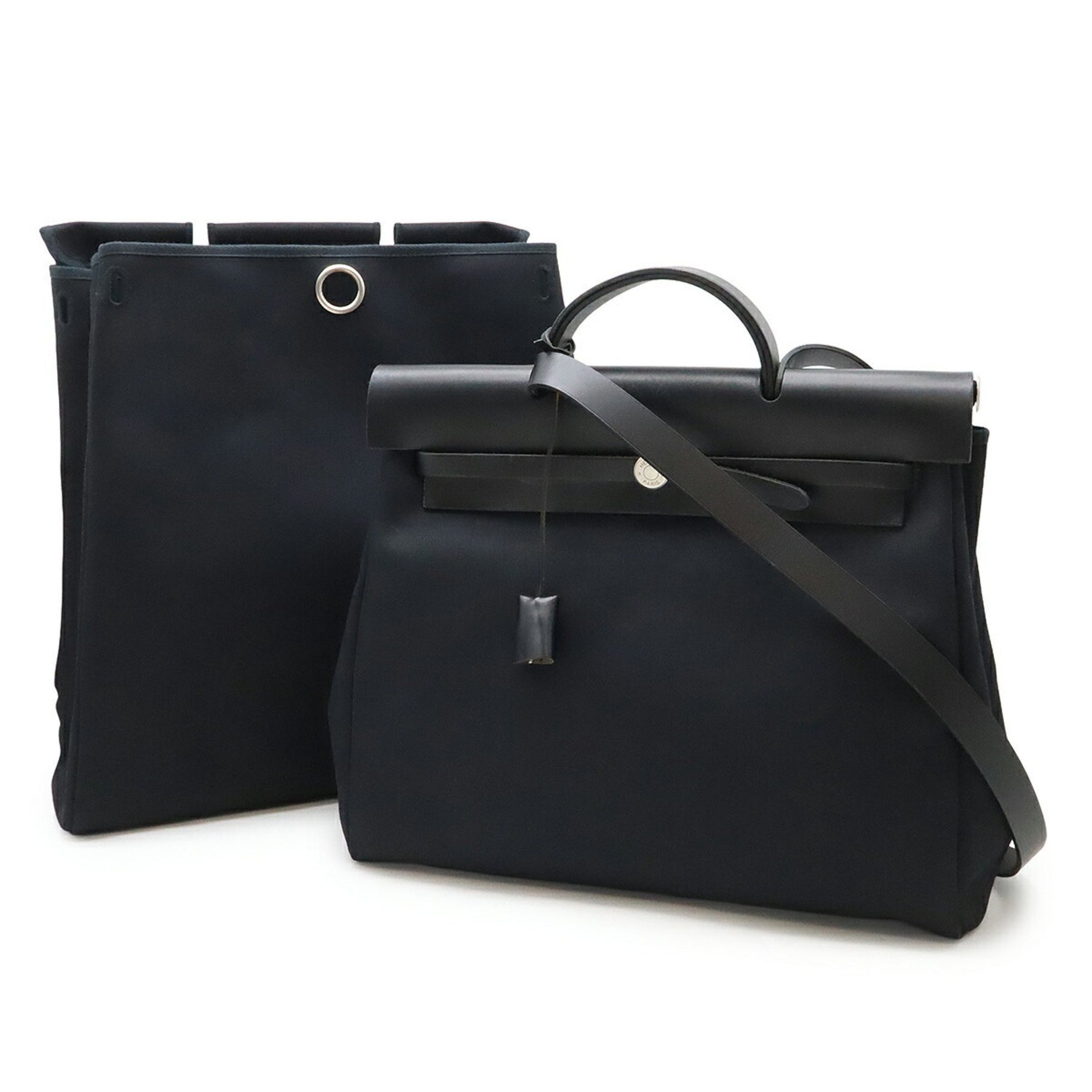 HERMES Hermès Air Bag MM Handbag Shoulder Toile Officier Leather Black