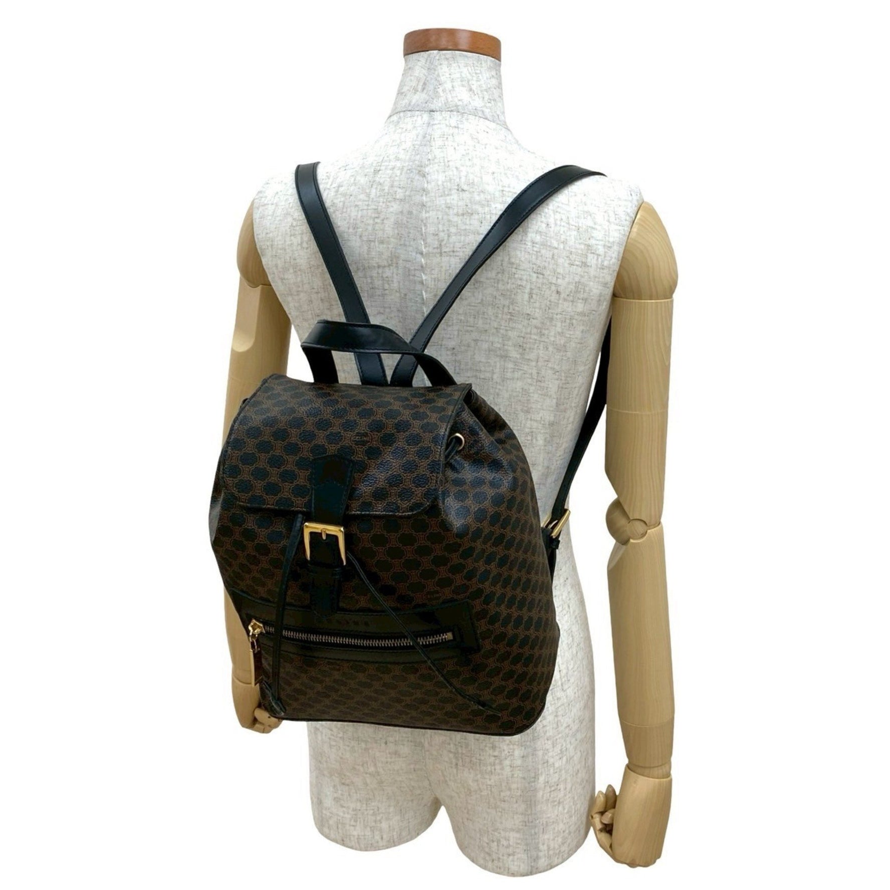 CELINE Macadam Blason Triomphe Print Leather Drawstring Backpack/Daypack, Black