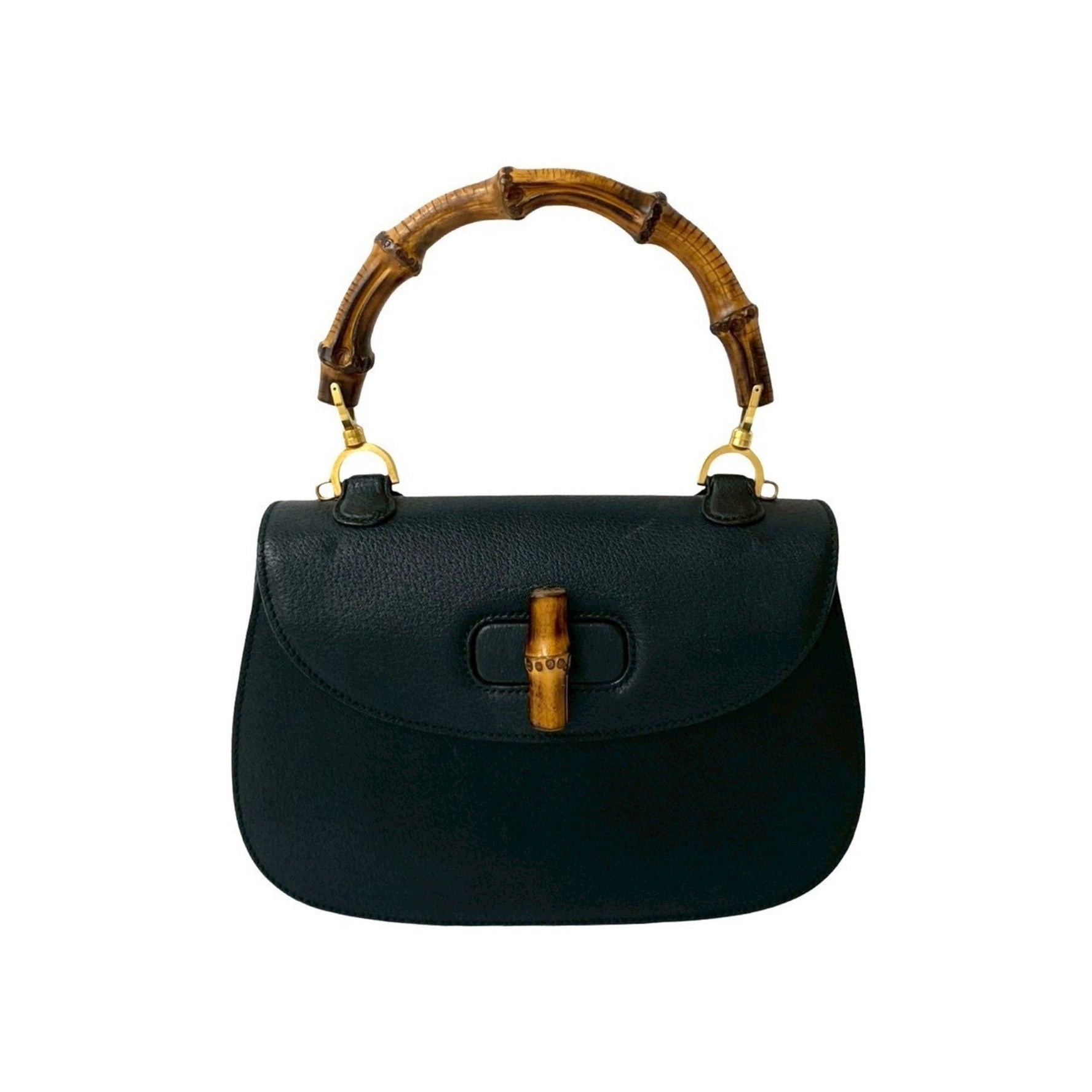 GUCCI Old Gucci Turnlock Bamboo Leather Handbag Tote Bag in Black 237-7