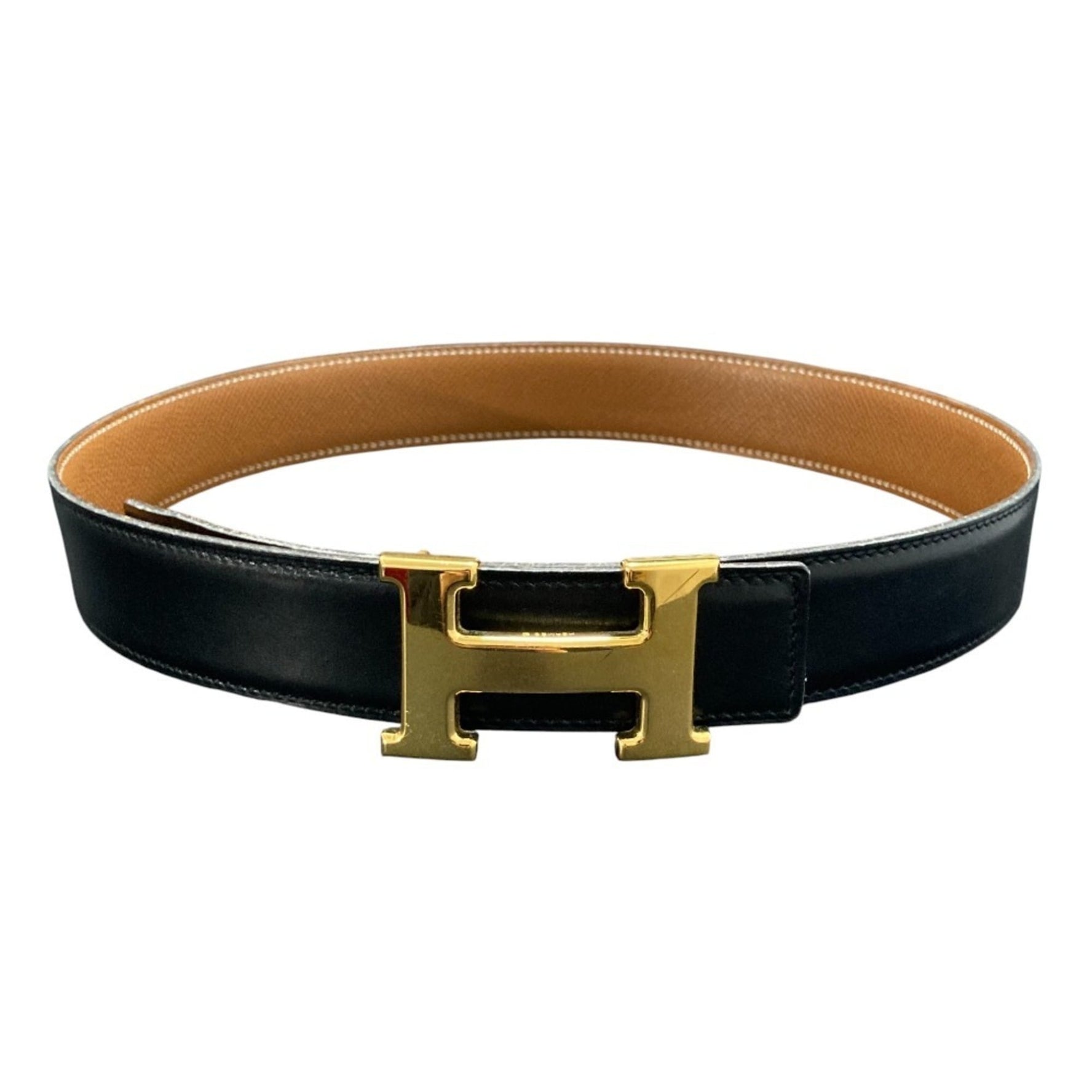 HERMES Constance Gold H Buckle Leather Belt Size 72 Black/Camel