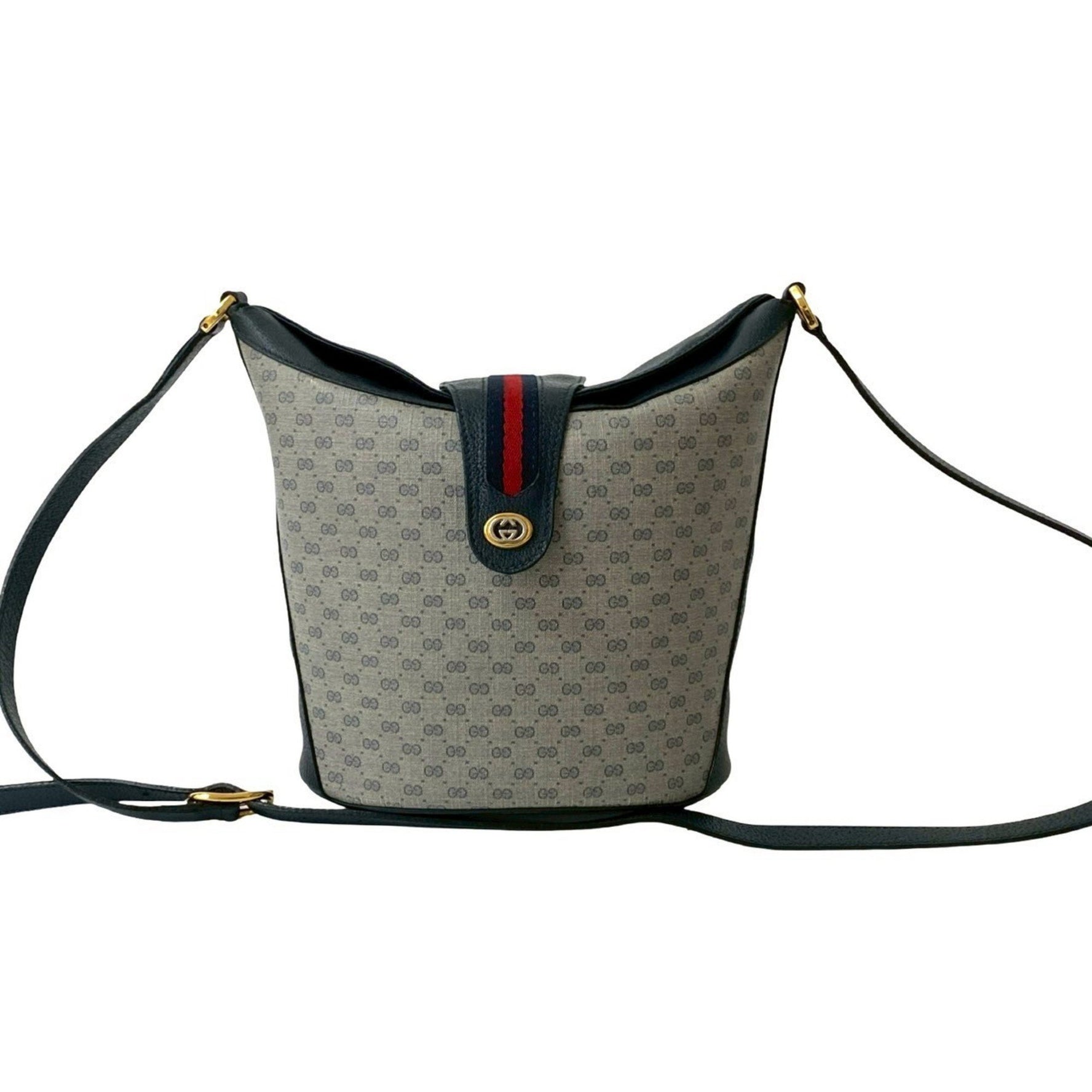 GUCCI Old Gucci Sherry Line Micro GG Logo Hardware Leather Shoulder Bag Navy