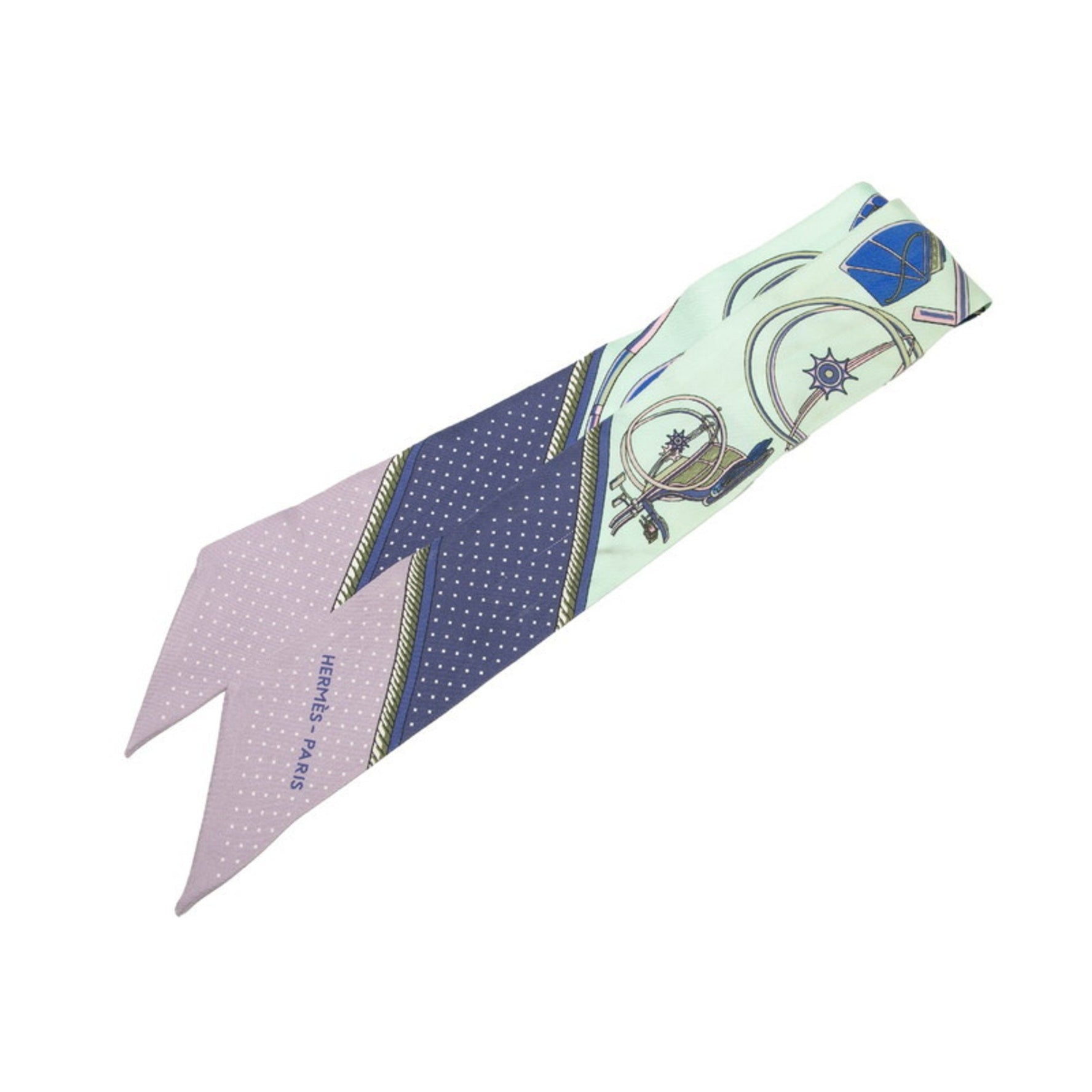 Hermès Twilly "Les Voitures a Transformation" Folding Carriage Scarf, Green Multicolor Silk, HERMES