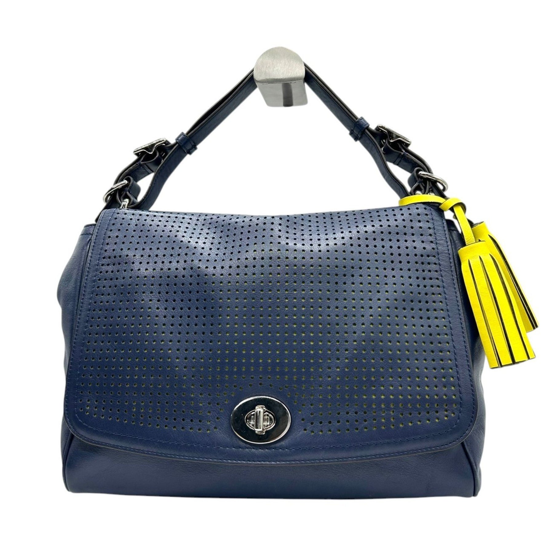 COACH Legacy Handbag/Shoulder Bag in Perforated Leather, Navy and Yellow