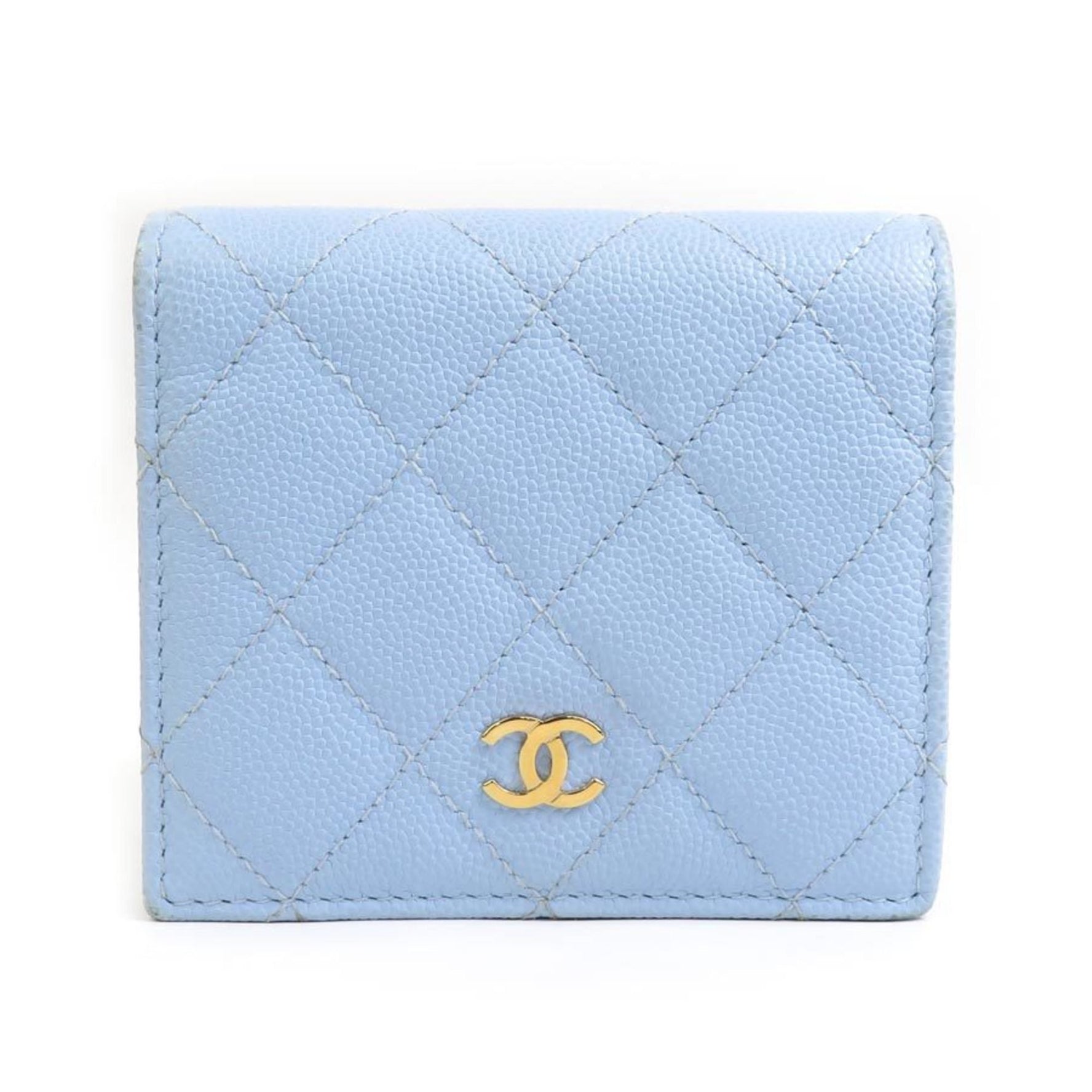CHANEL Bi-fold Wallet Caviar Skin Leather Light Blue Women's r10302k