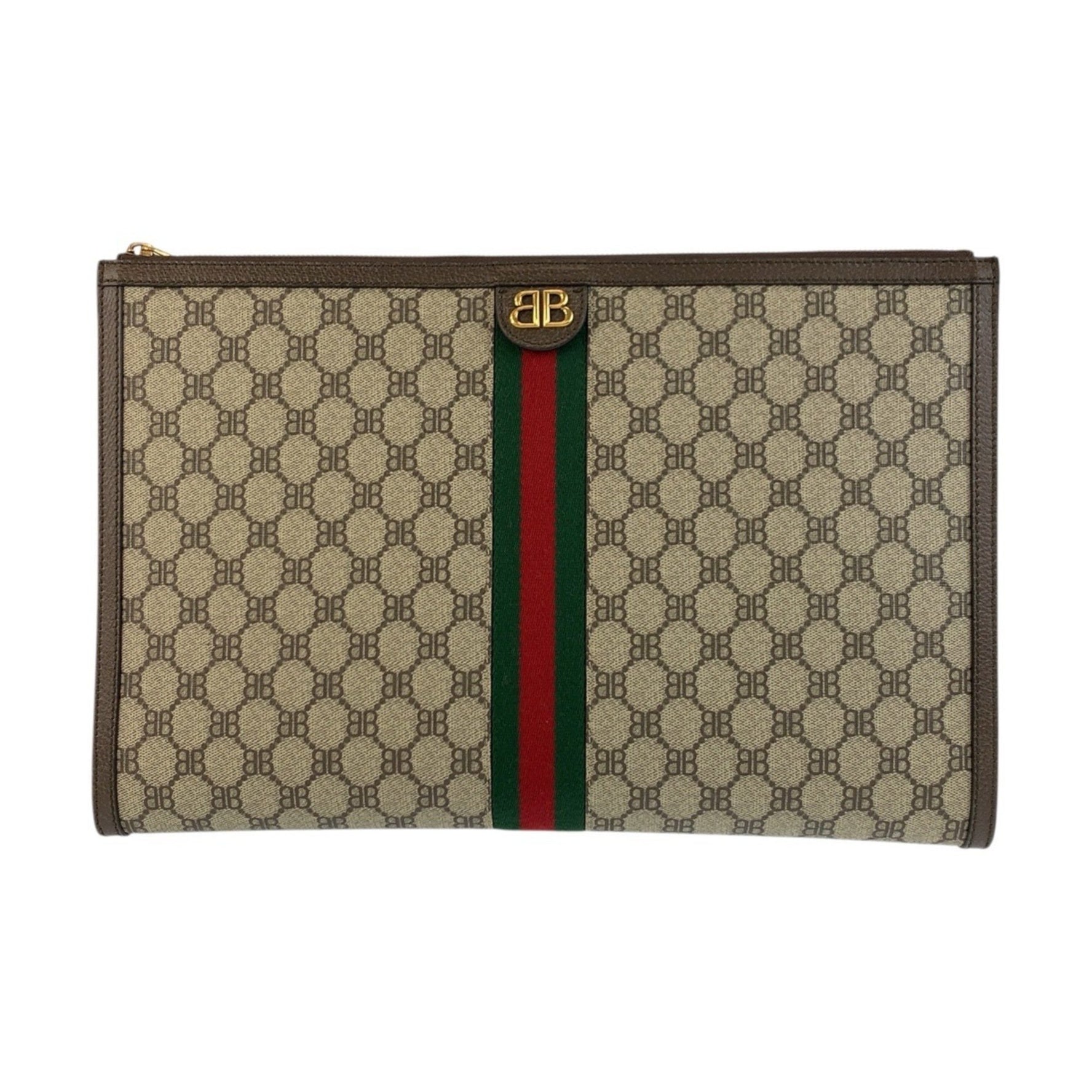 BALENCIAGA GUCCI collaboration The Hacker Project Beige Brown Gold hardware GG Supreme canvas Leather Clutch bag Second Document case Men's
