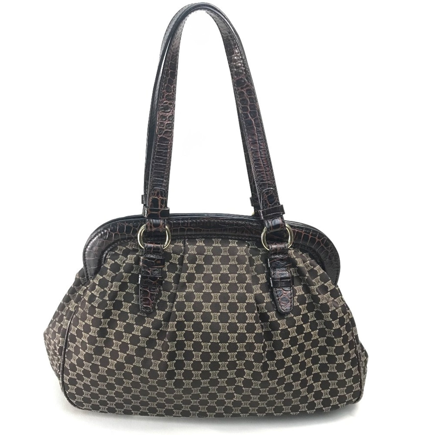 CELINE Logo Macadam Clasp Tote Bag with Tassel Shoulder in Leather/Canvas, Gold Hardware