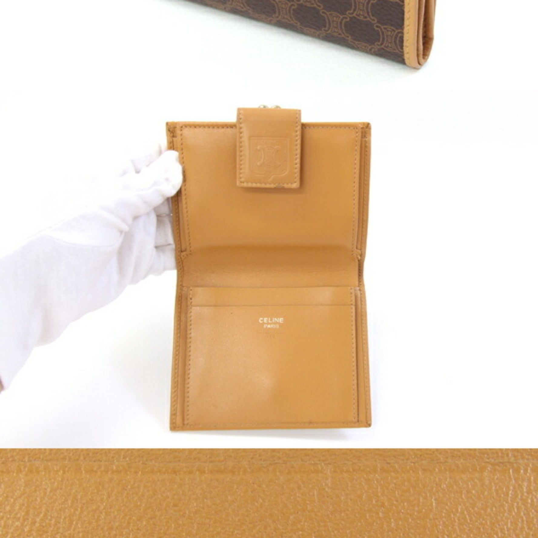 Celine bifold wallet in macadam, dark brown, beige, PVC, and leather. Compact wallet/mini wallet. For older