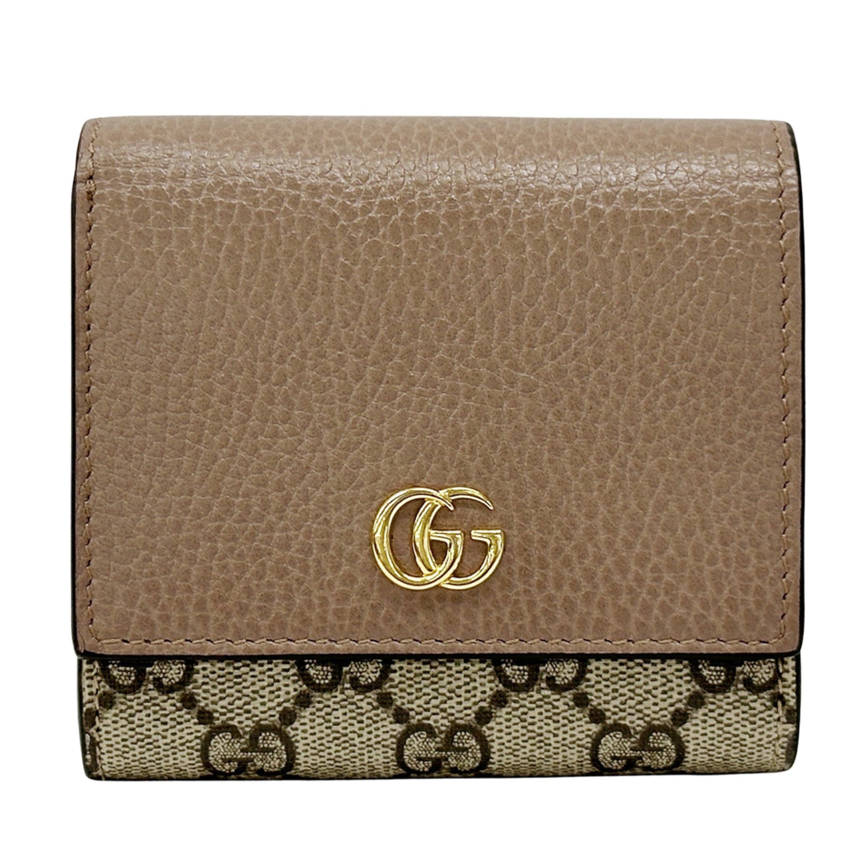 Gucci Petit Marmont GG Supreme Tri-fold Wallet in PVC (Pink and Brown) This compact bi-fold wallet features the logo.