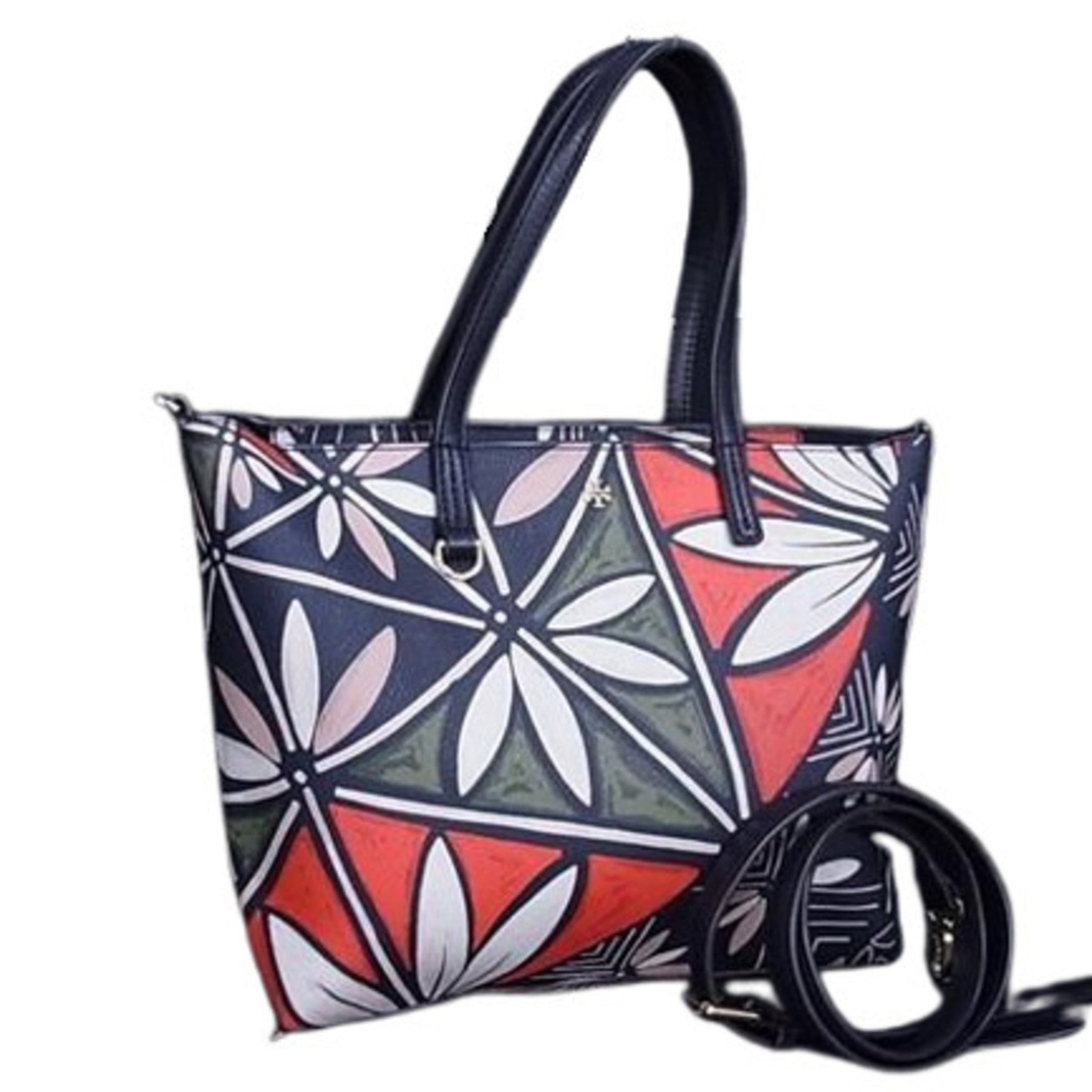 Tory Burch Tote Bag Navy Multicolor Leather Shoulder with Botanical Motif Print