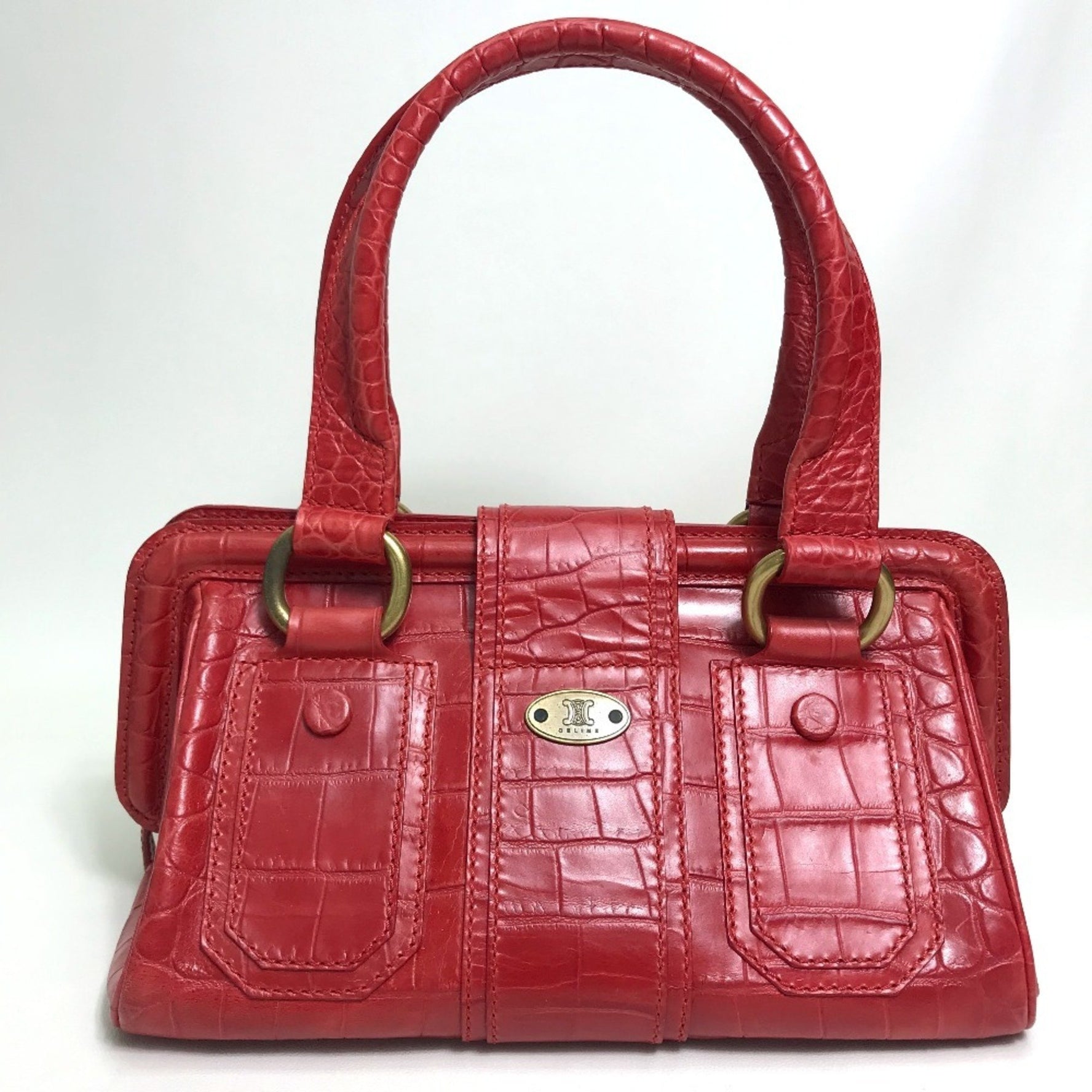 CELINE Belt Embossed Leather Handbag Red