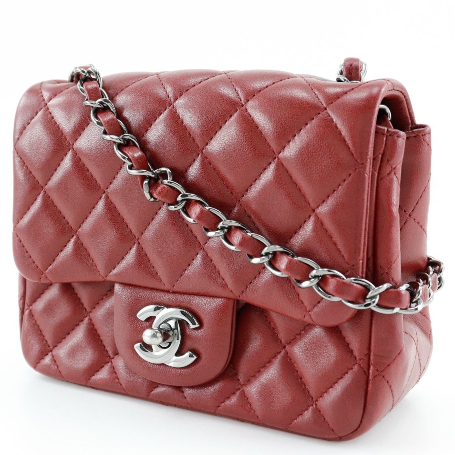 CHANEL Chain Shoulder Bag, Matelasse, Lambskin, Red, Turnlock, Mini ChainShoulder