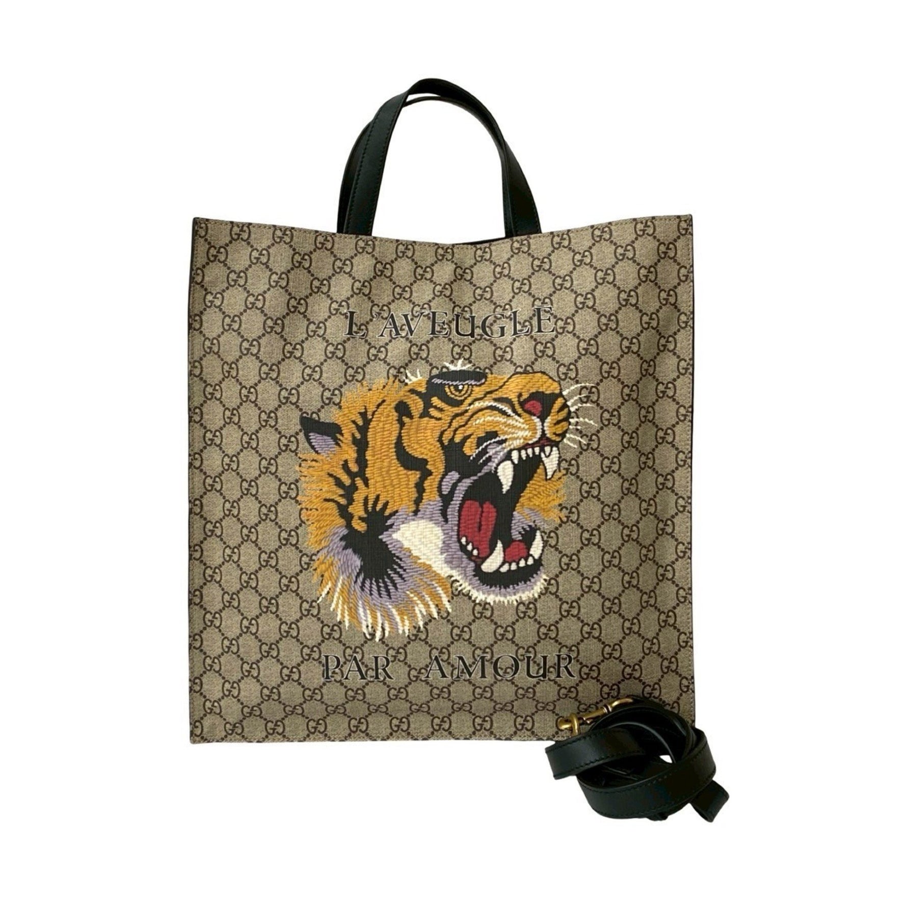 GUCCI GG Supreme Tiger Leather Tote Bag, Handbag, Shoulder Brown, Beige, Black