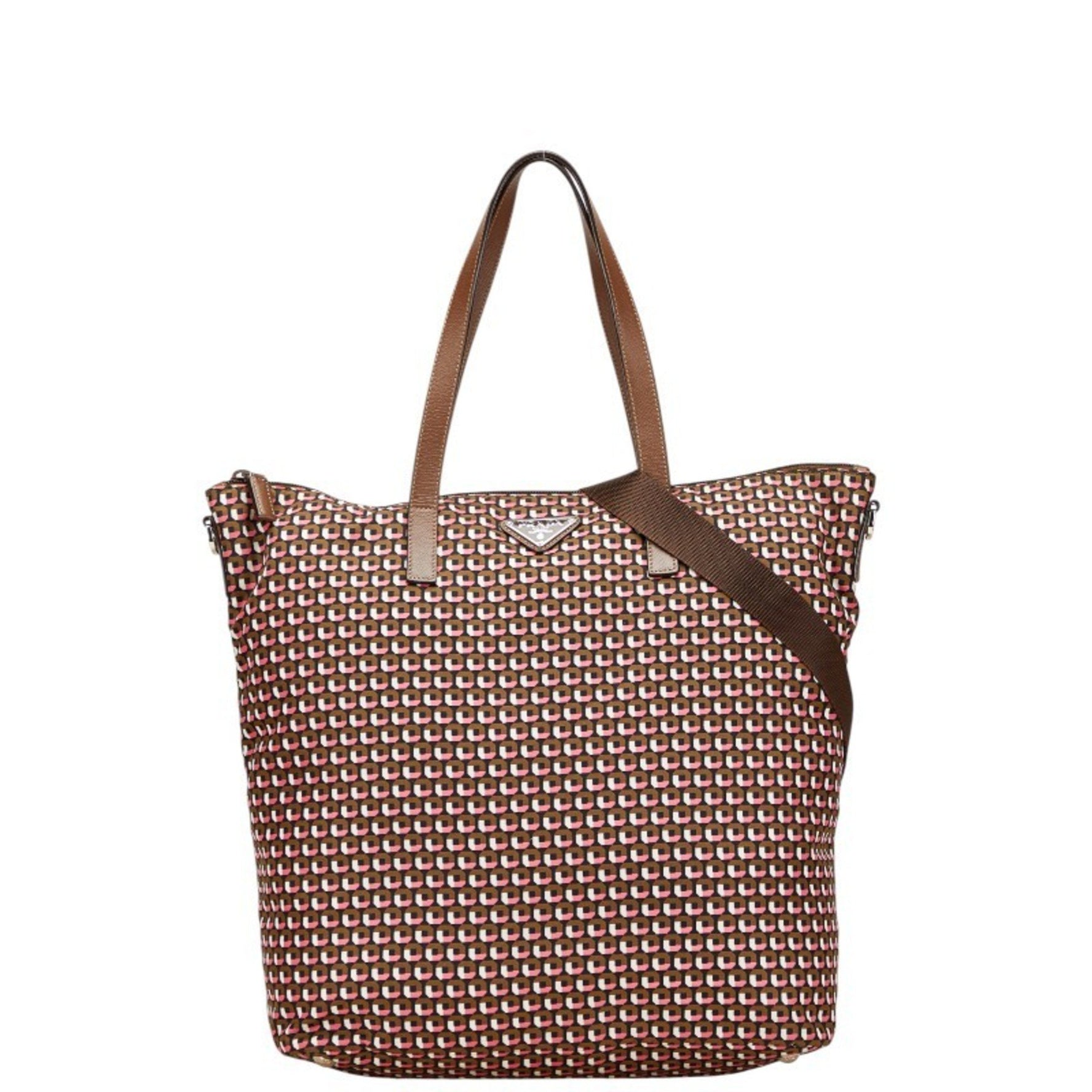 Prada Triangle Logo Plate Tote Bag/Shoulder Bag Brown/Pink Nylon/Leather