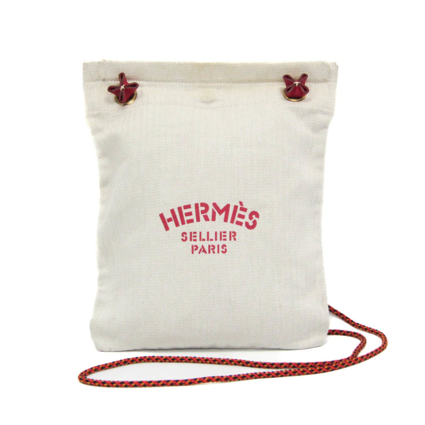 Hermes Arena PM Cotton Canvas,Leather Shoulder Bag Beige,Red Color