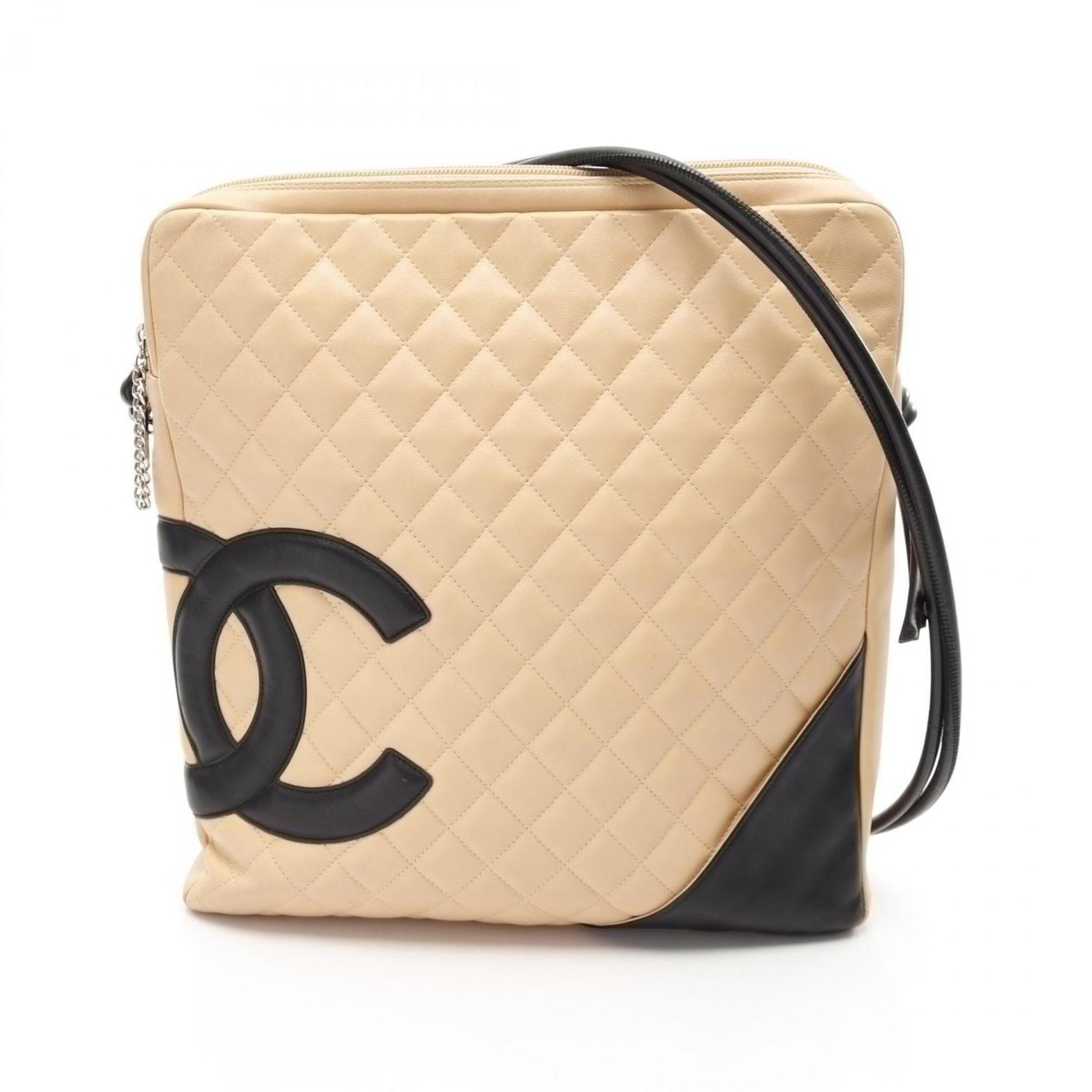 CHANEL Cambon Line Large Pochette Shoulder Bag Leather Beige Black