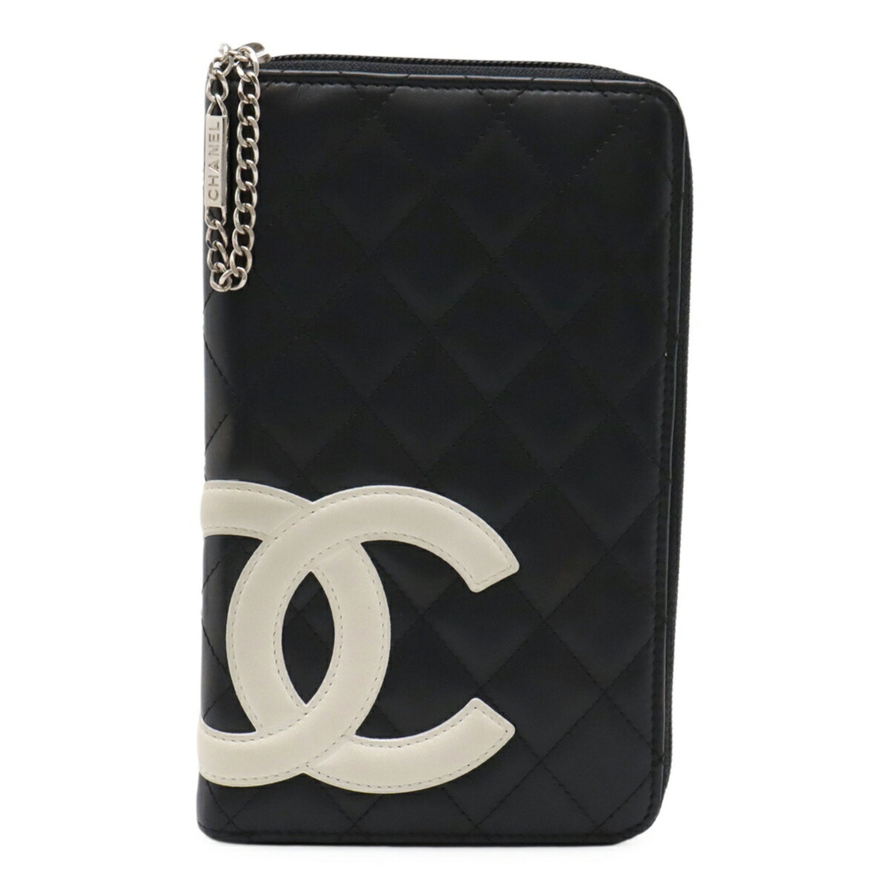 CHANEL Cambon Line Coco Mark Round Long Wallet with Organizer, Leather, Black, White, and Pink, 8660