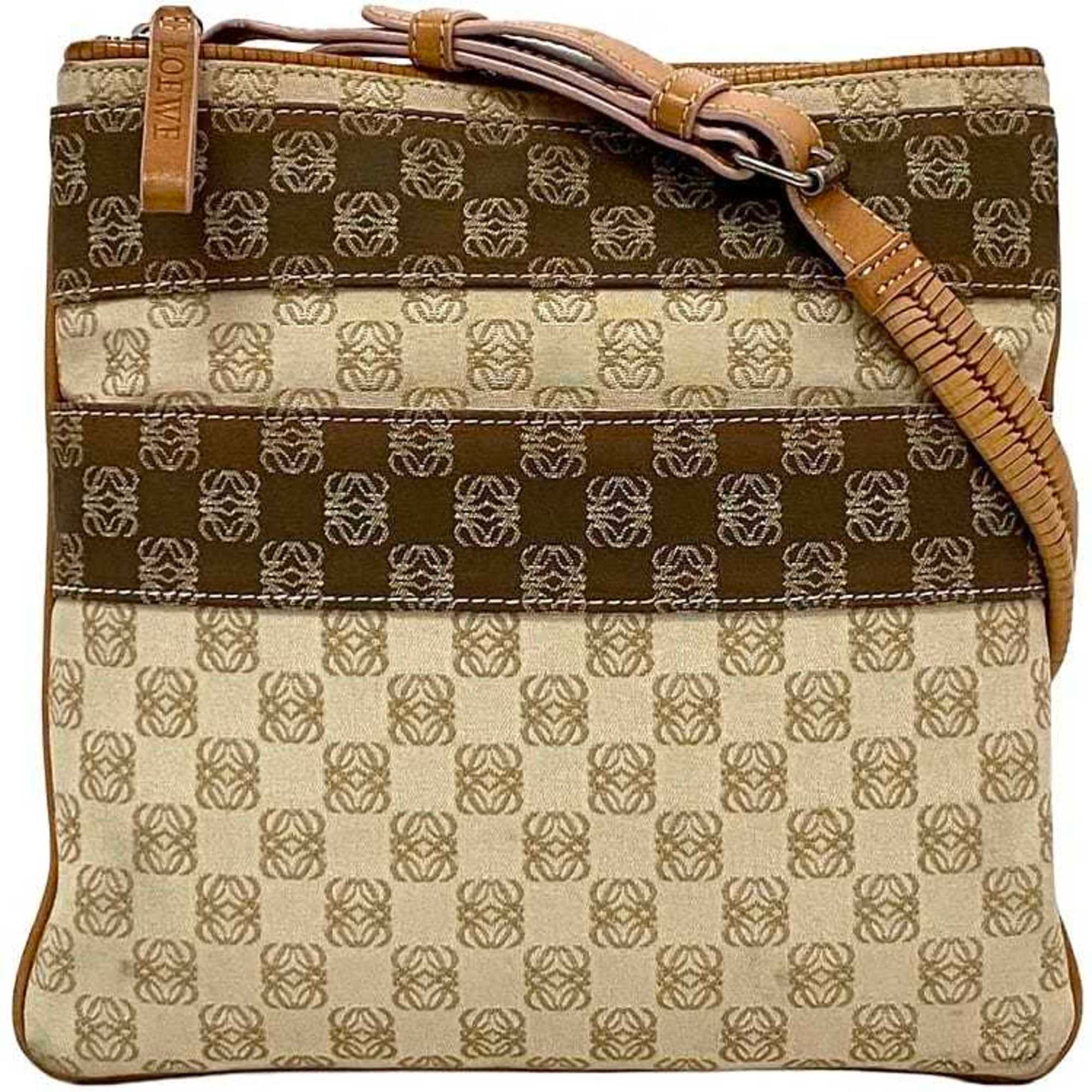LOEWE Shoulder Bag Beige Orange Anagram Crossbody Canvas Leather Men's