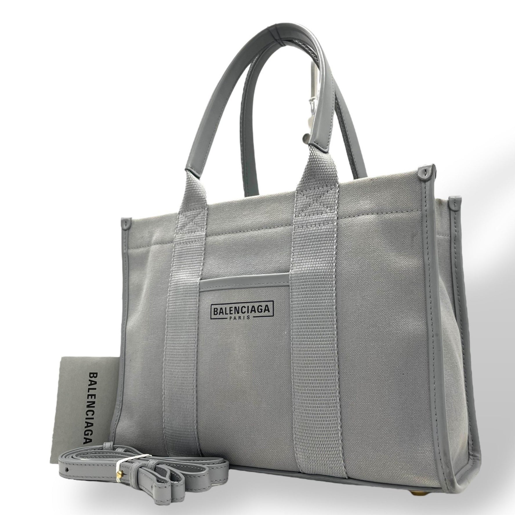 BALENCIAGA Hardware Small Tote Bag/Shoulder Bag, Gray Canvas and Leather with Gold Logo, 671402, Women's, Crossbody Size B