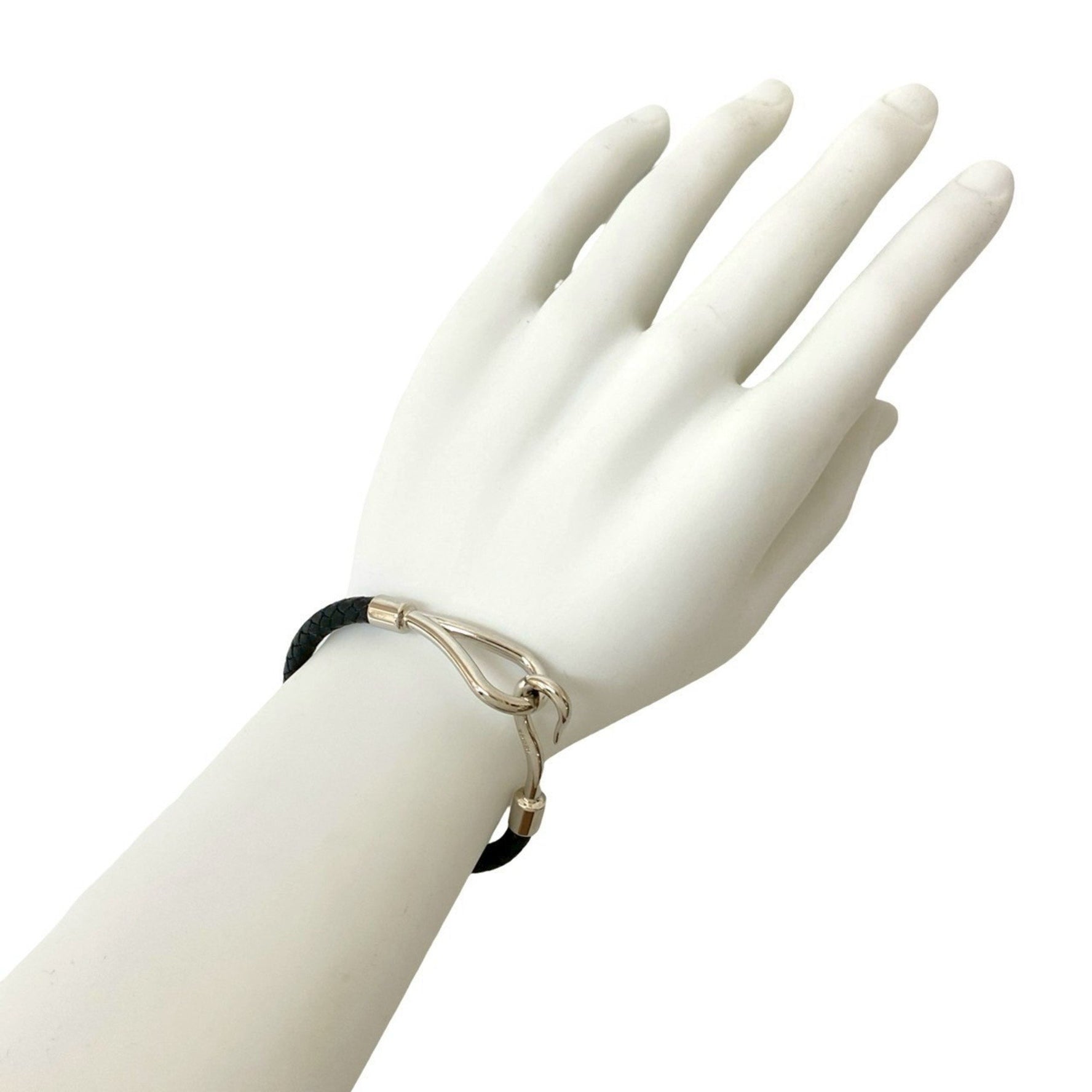 HERMES Jumbo Leather Bracelet, Genuine Bracelet/Bangle, Black/Silver