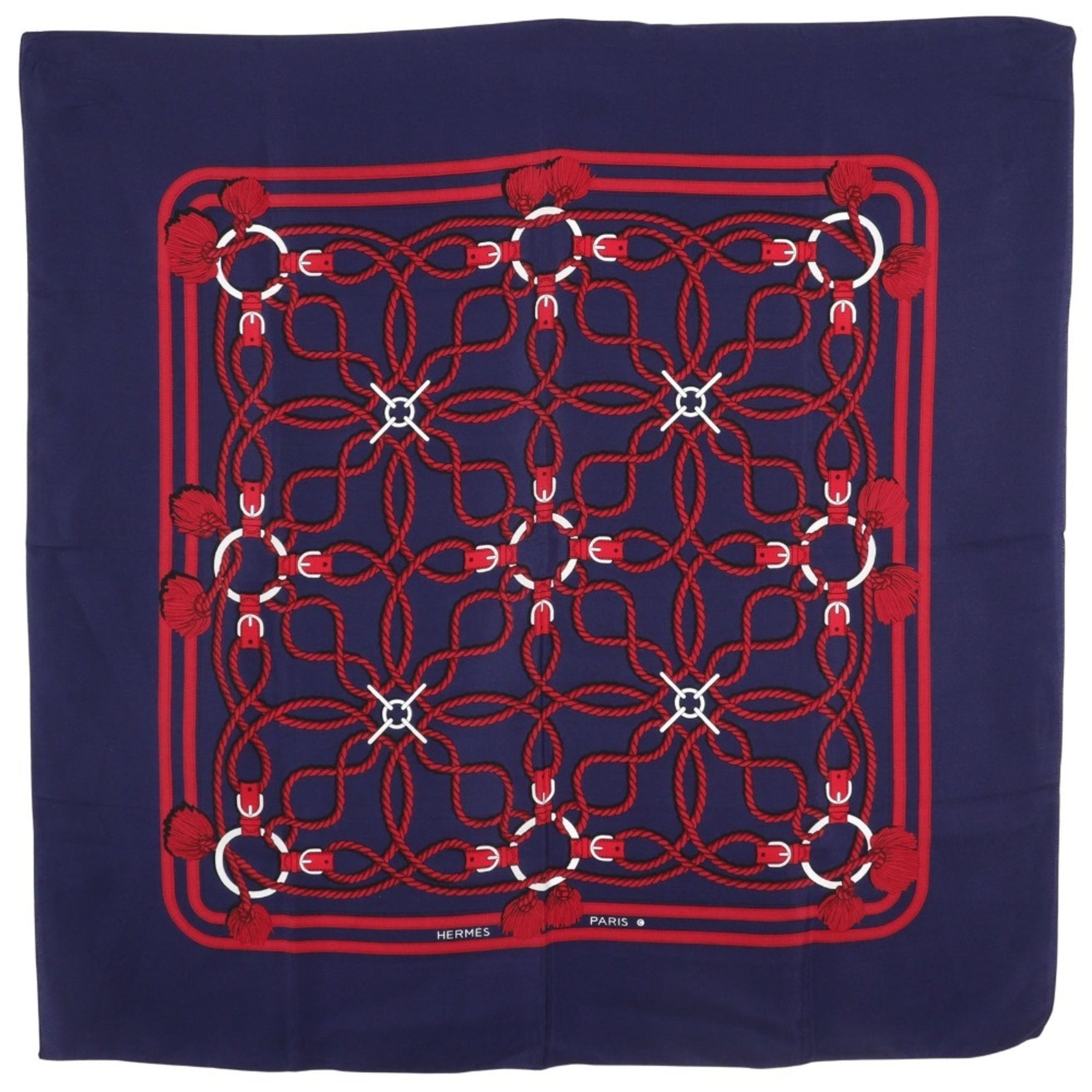 Hermes Carree Scarf Muffler Rope Pattern Silk Navy/Red Women's