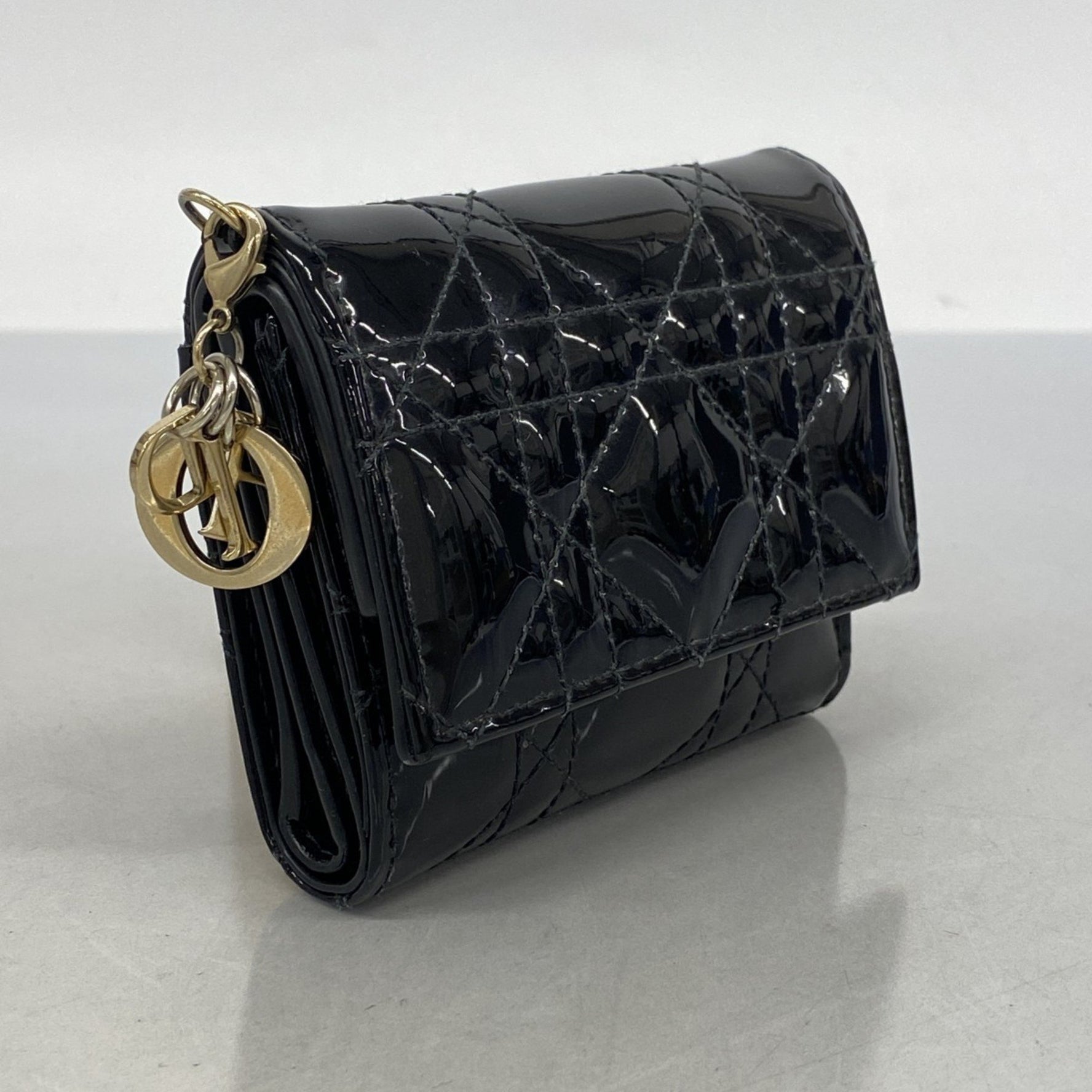 Christian Dior Tri-fold Wallet Cannage Enamel Champagne