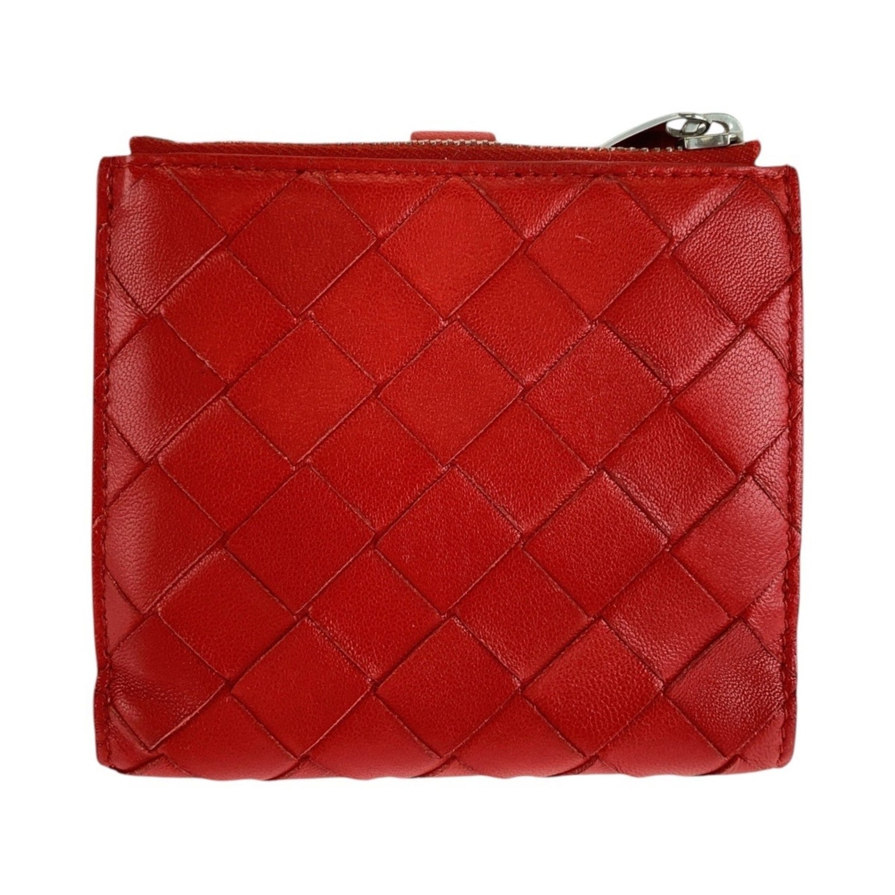 BOTTEGAVENETA Bottega Veneta Maxi Intrecciato Red Silver Hardware Leather Folding Wallet Compact