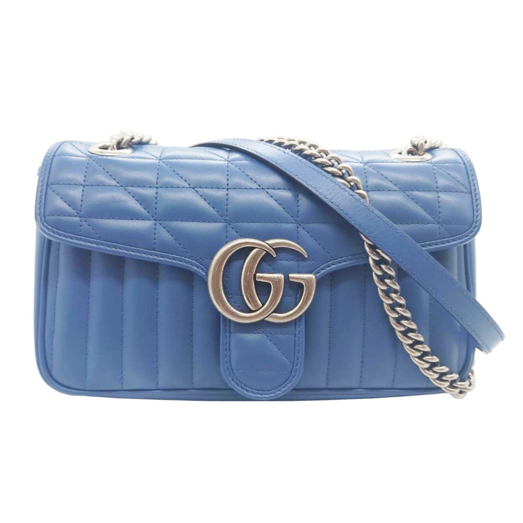 GUCCI GG Marmont Chain Shoulder Bag, Blue Leather with S-shaped Hardware