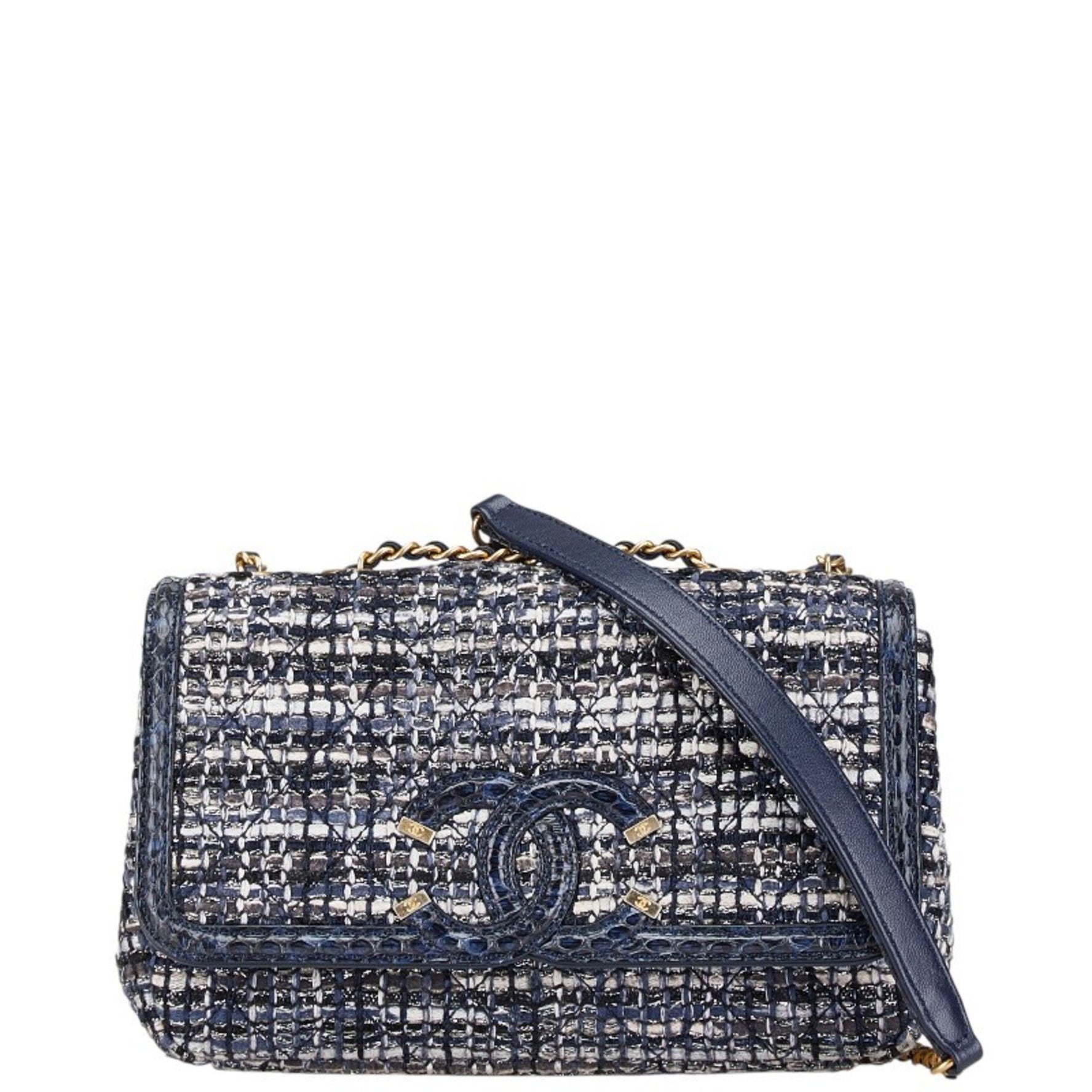Chanel CC Filigree Coco Mark Python Embossed Chain Shoulder Bag in Tweed and Leather