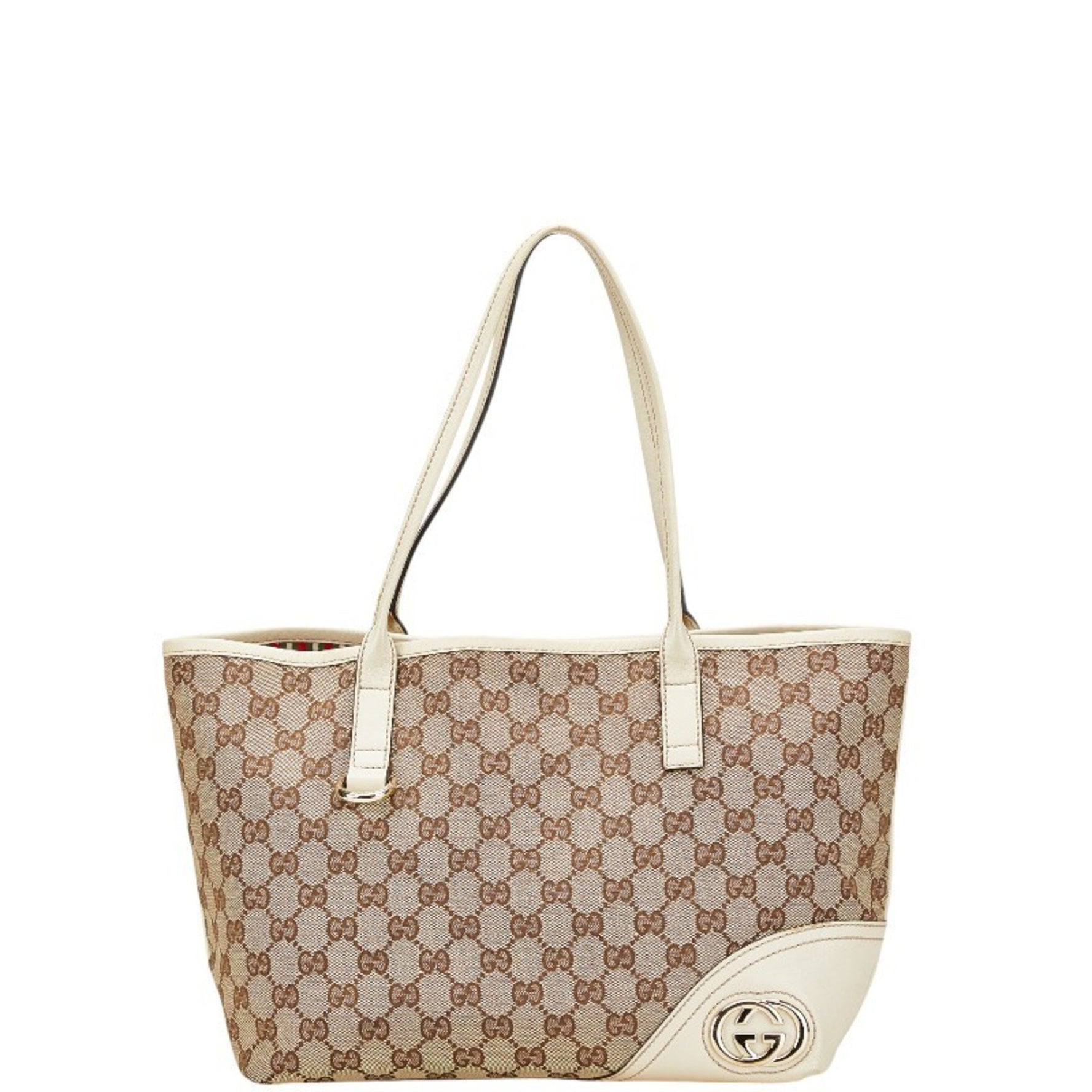 Gucci GG Canvas New Brit Tote Bag Shoulder Beige White Leather