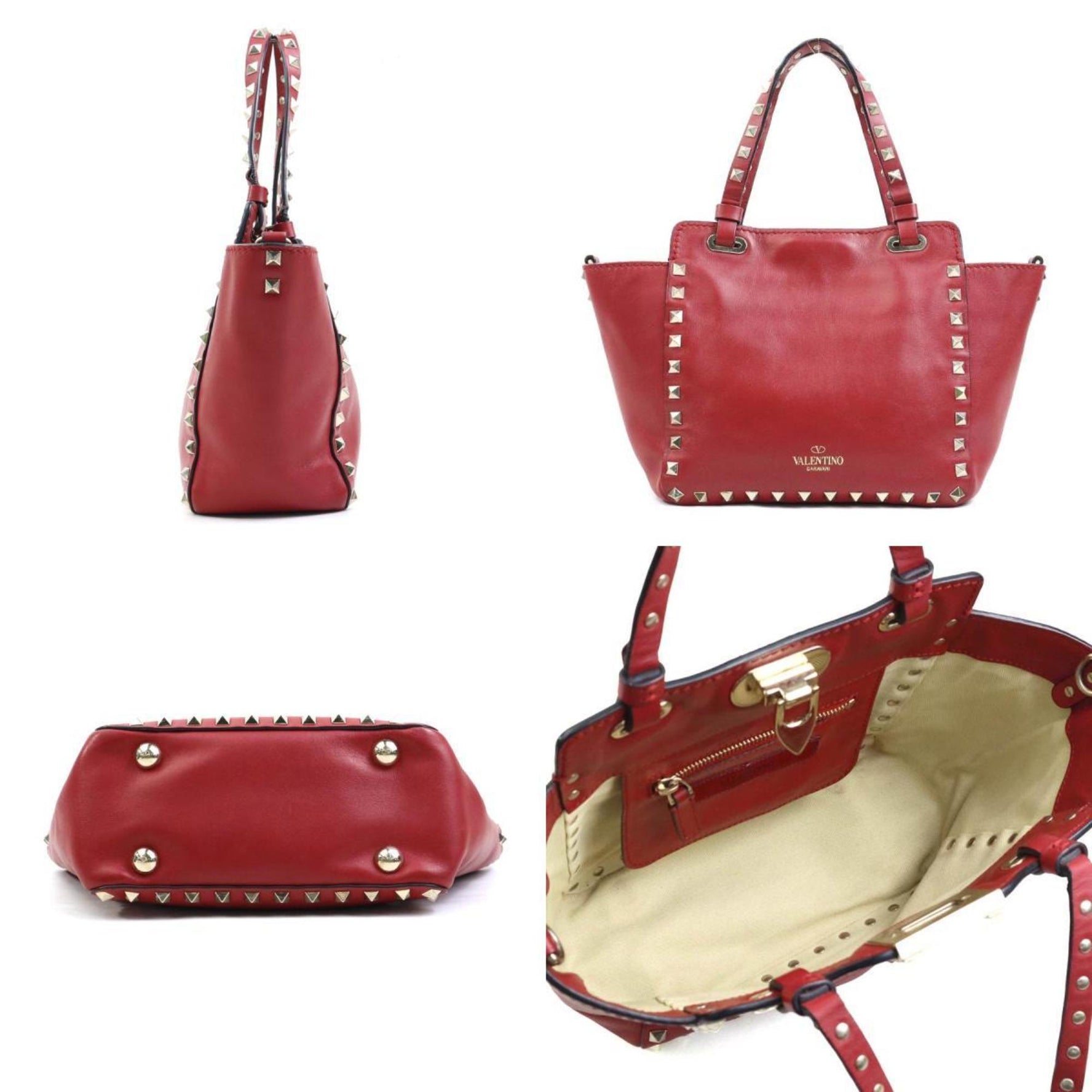 Valentino Garavani Handbag Shoulder Bag Rockstud Leather Metal Dark Red Gold