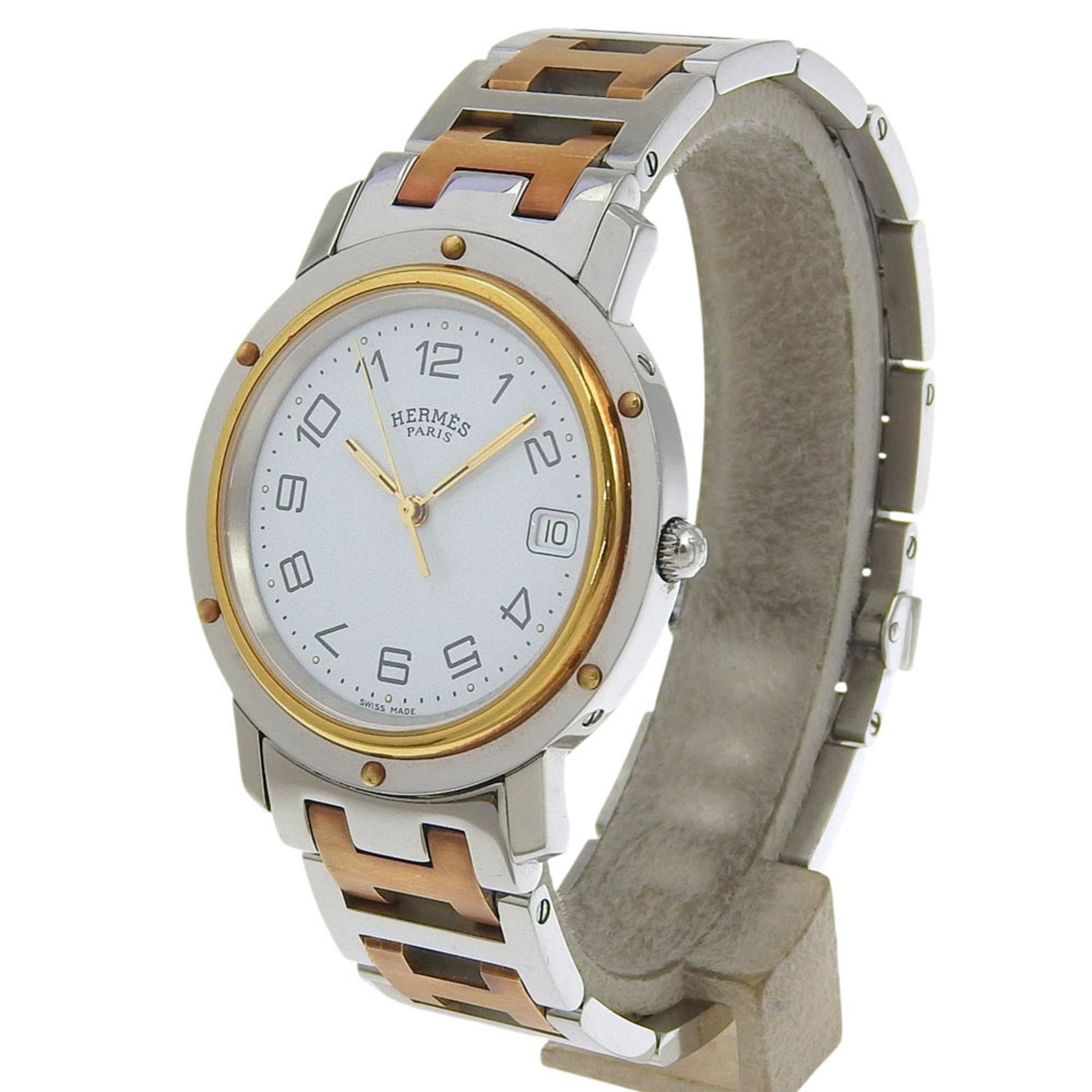 Hermès Clipper Combination Watch Stainless Steel with Gold-Plated Quartz Analog Display, White Dial