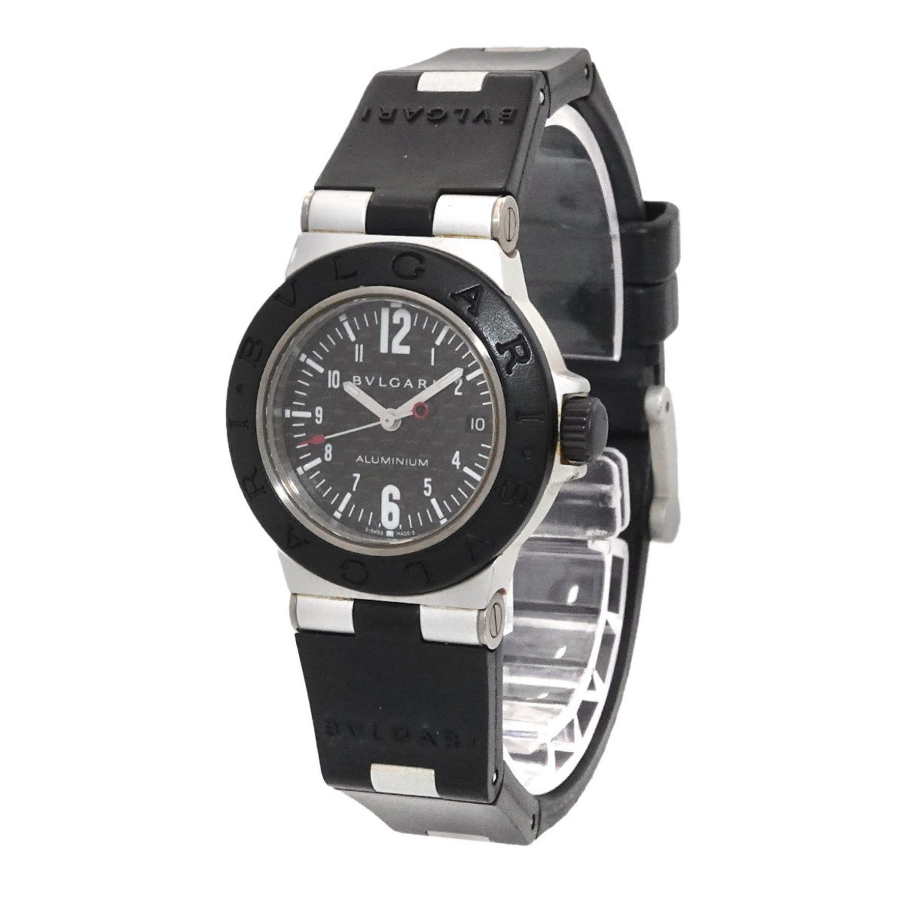 BVLGARI Aluminum AL29TA Women's Watch with Date, Black Carbon Fiber, Rubber, and Quartz Movement